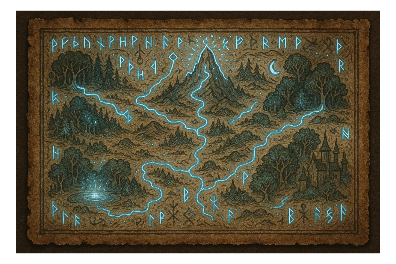 a magic map, ancient parchment with runes, detailed illustration sticker