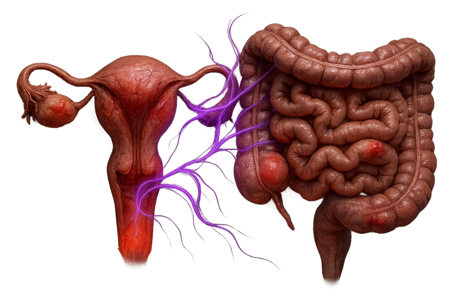 utero umano anatomico iperrealistico e intestino umano anatomico iperrealistico hanno in comune il dolore e l'infiammazione, rendi bene il collegamento tra i due organi doloranti, falla iperrealistica, non disegnata, fai colori che si adattano a questo viola #971ef1 sticker