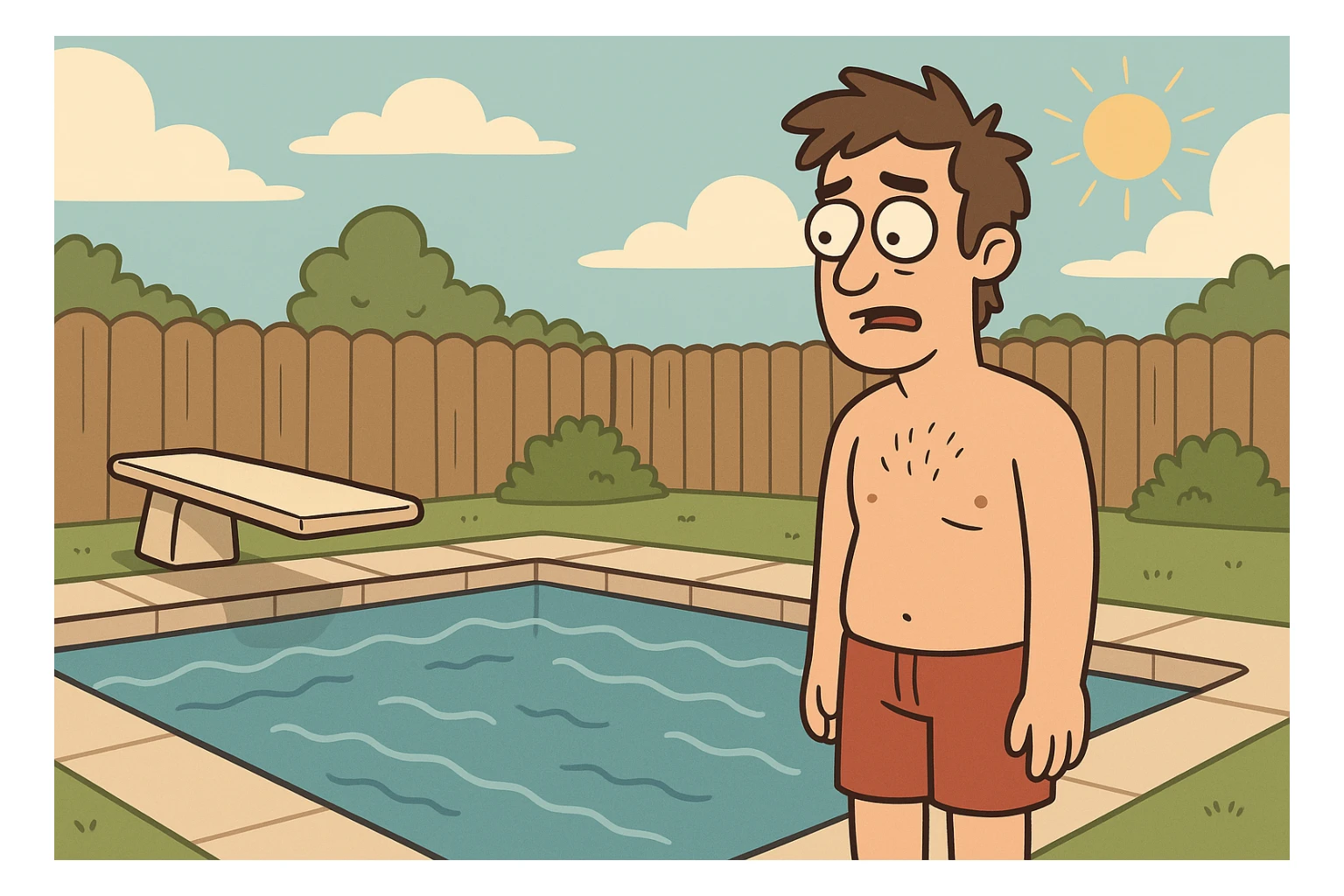 backyard pool with a diving board on a sunny day, cartoon style sticker