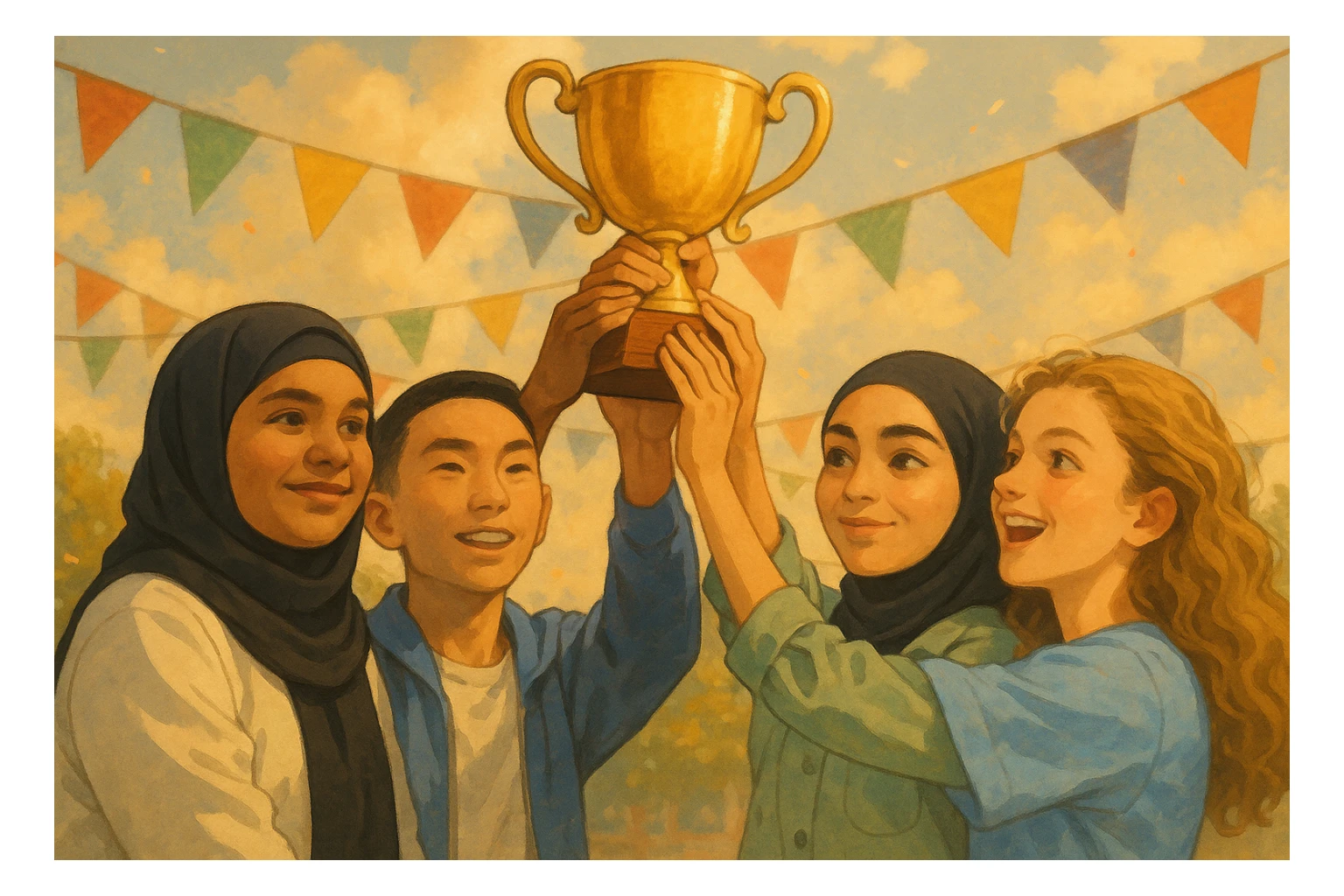 Illustration of four students lifting a trophy together, warm atmosphere, Ghibli style with soft colors, warm lighting, festive background. sticker