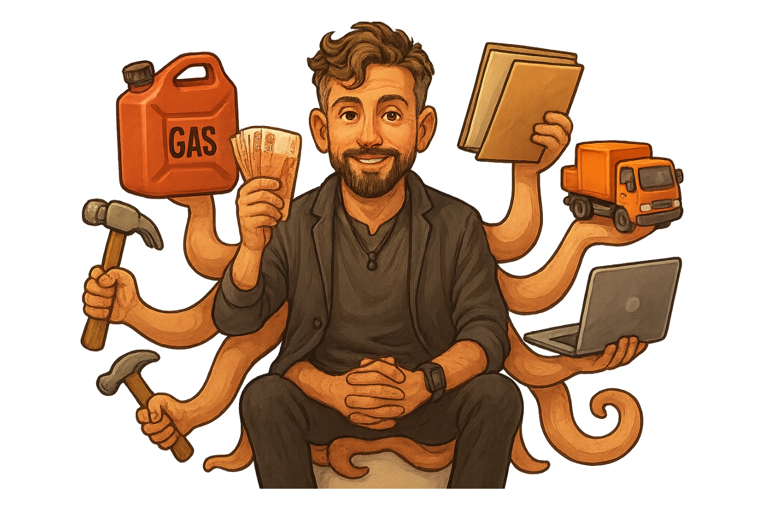 Перерисуй персонажа в объемном, но слегка рисованном стиле, у него много рук как у осьминога и он держит в них - канистру с бензином, пачку 5000 тысячных рублей, молоток, папку с бумагами, грузовой автомобиль, компьютер - фон сделай прозрачным sticker