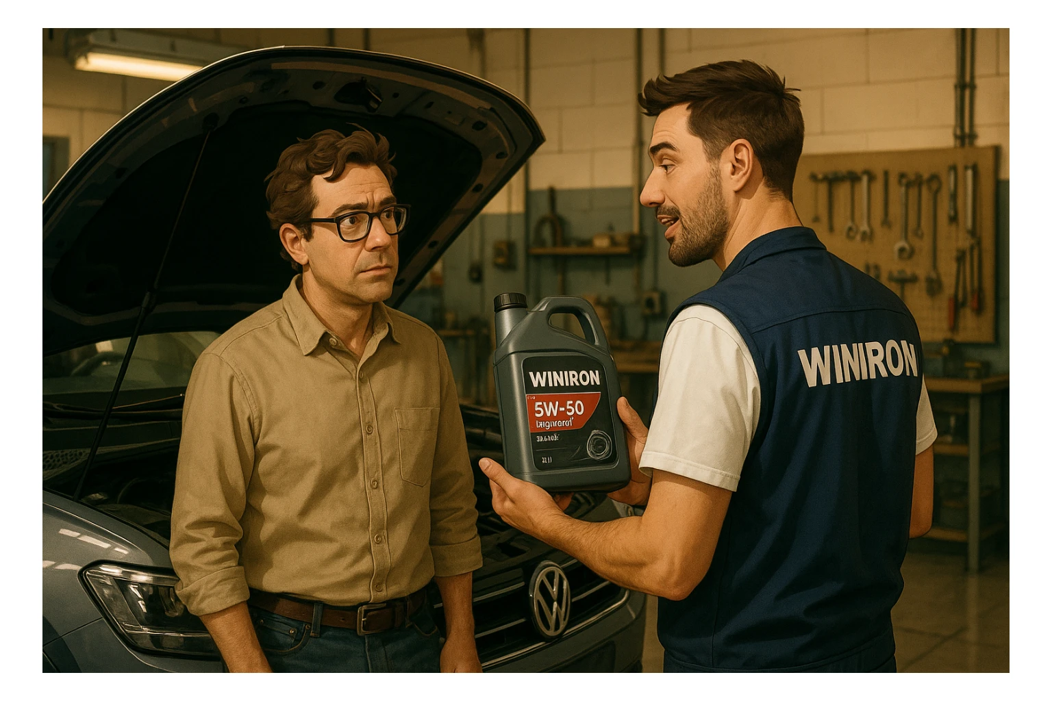 Create a realistic automotive workshop scene. Two men are standing next to a car with its hood open. One man is a customer listening attentively. The other man is a Winiron employee wearing a white T-shirt and a blue vest with a “WINIRON” logo on the back. The Winiron employee is holding and recommending a Winiron engine oil canister. Background shows a workshop interior with tools, soft warm lighting, realistic reflections on the car body. Cinematic, detailed, 8K hyper-realistic, professional commercial photography style. sticker