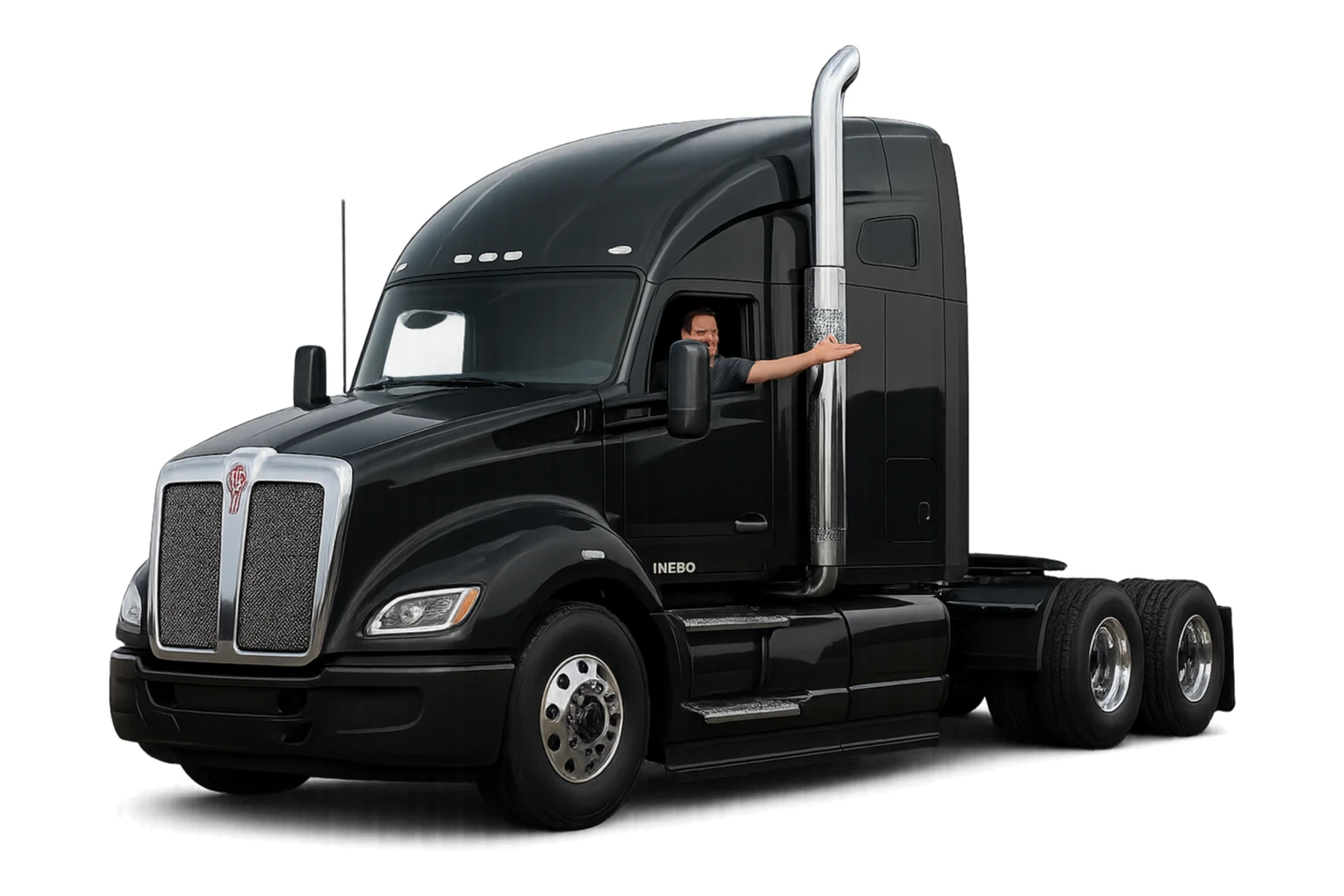 A black 2026 Kenworth W680 semi sleeper truck with chrome stack, a person in the truck with their arm out the window, clear details, modern and clean look, transparent background sticker