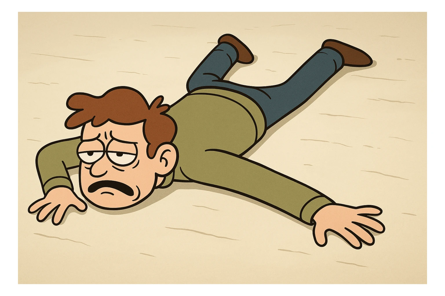 person lying spread eagle on the ground, looking defeated, as if just beaten up and unable to move, expressive, cartoon style sticker