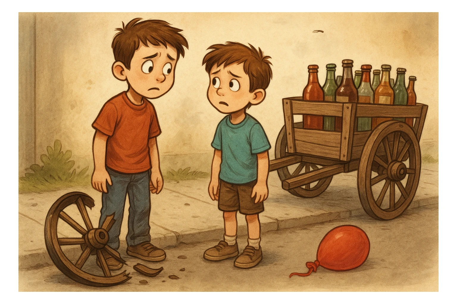 g'ildiragi singan ichimliklar ortilgan arava bir baloni singan uni yonida aka uka havotirli nigoh bilan bir biriga qarab turishibdi sticker