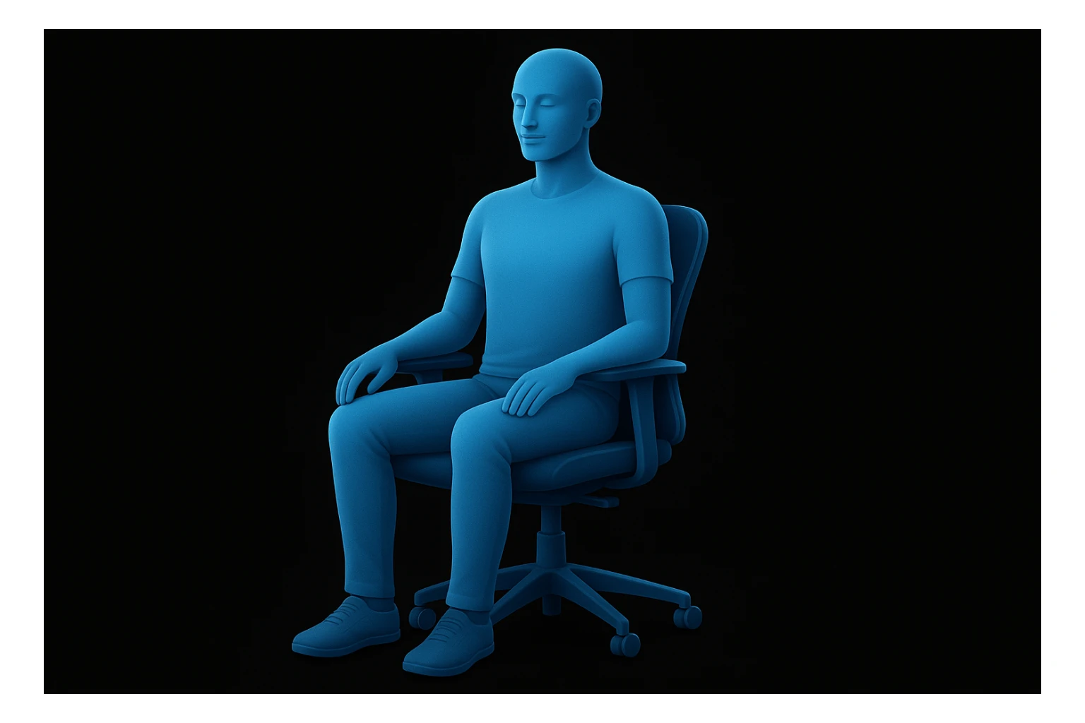 person sitting on ergonomic chair with perfect posture, comfortable and relaxed, black solid background, front view (Inspire style graphic i send you) sticker