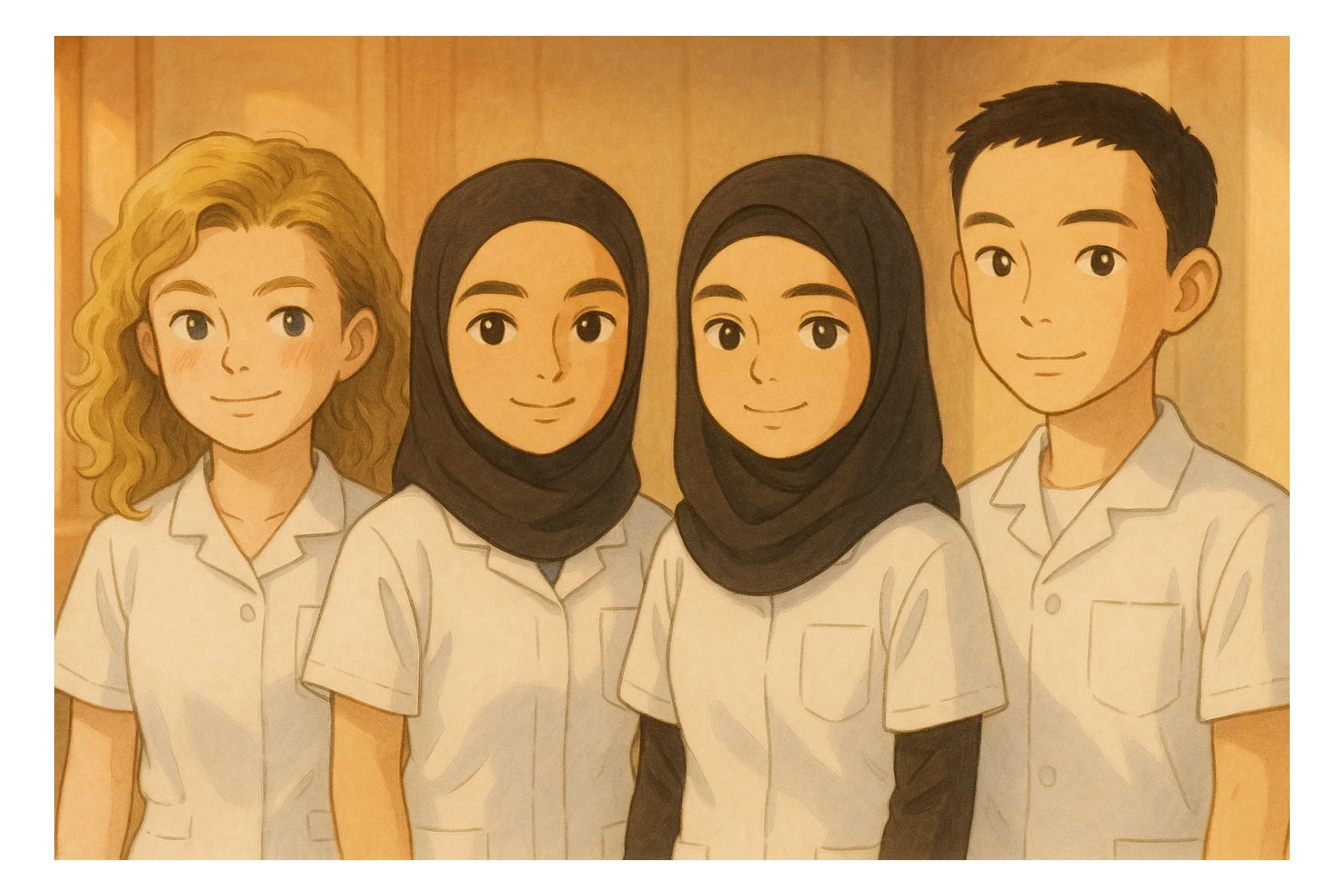 Four nursing students side by side in a warm indoor ambiance with natural lighting, wearing white short-sleeved uniforms with V-neck collars and left chest pockets, in Ghibli style. sticker