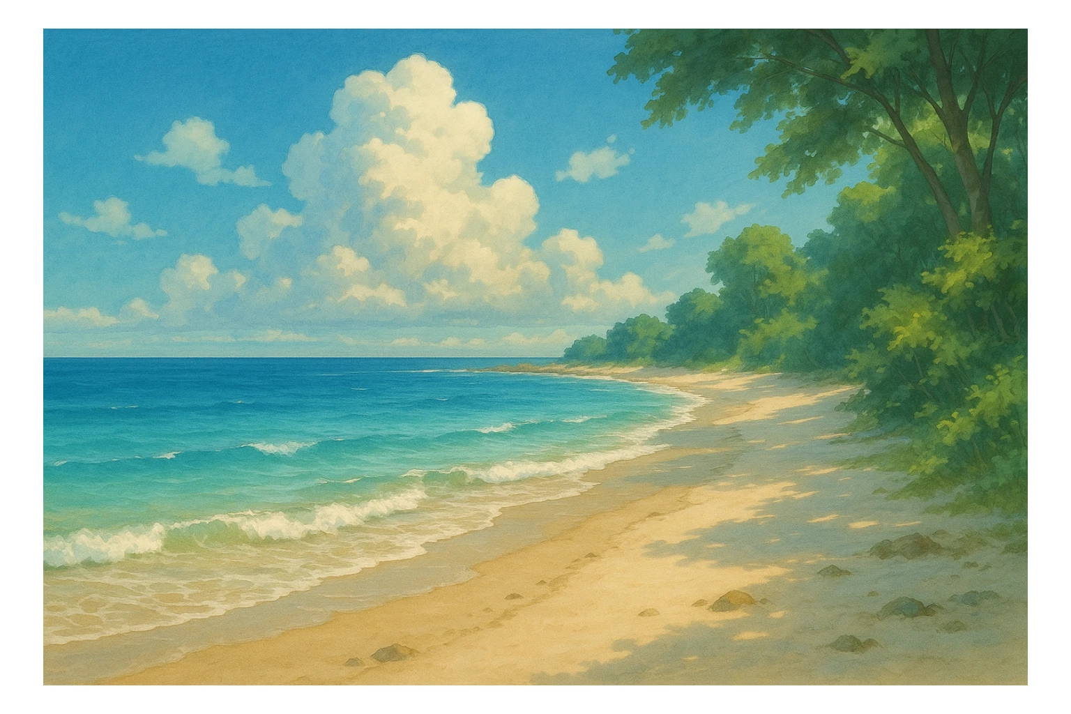 beach, ghibli animation style, dreamy and beautiful, delicate light and shadow sticker