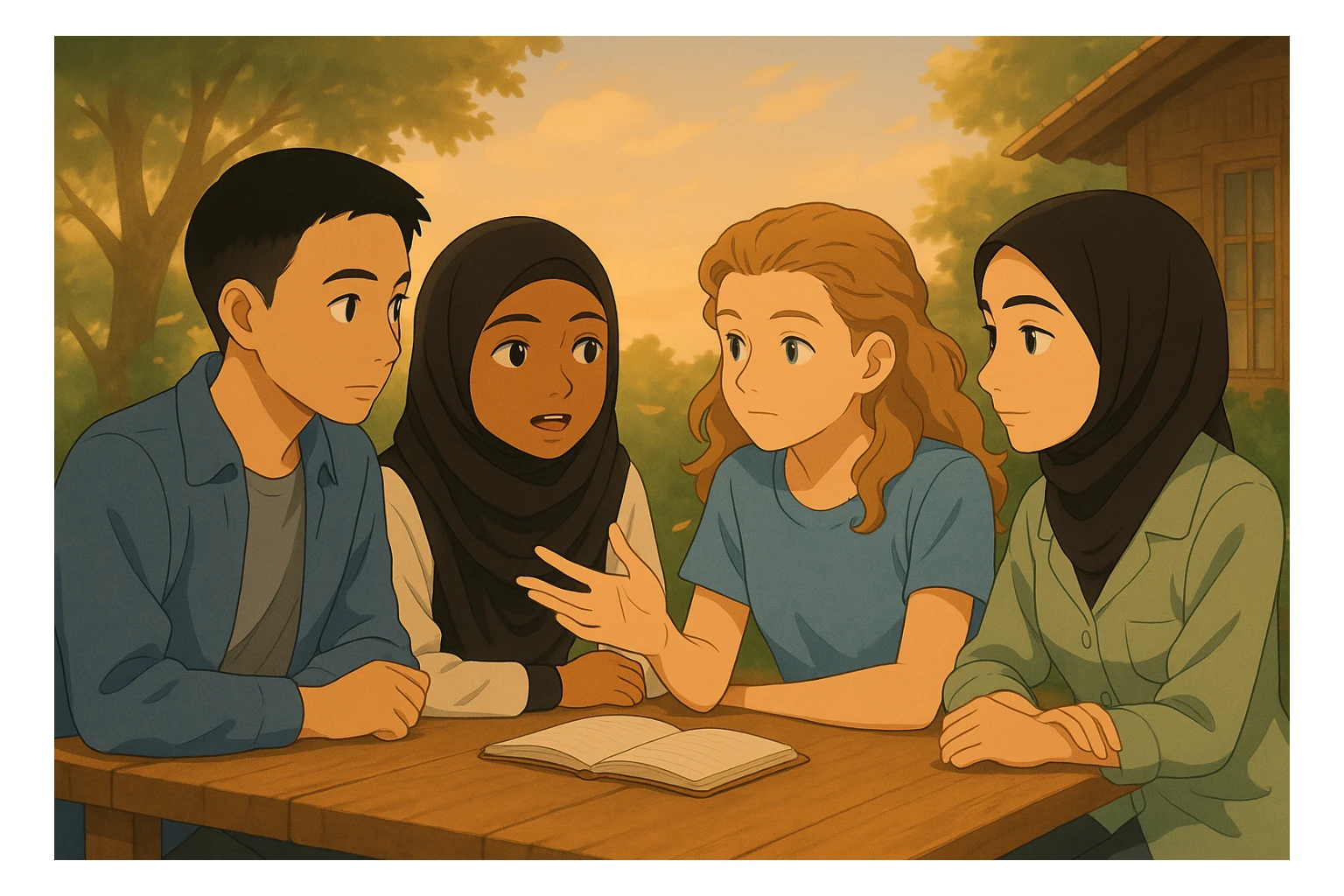 Continuation of the image: The second girl in hijab on the right is speaking, the others are listening attentively, a gentle breeze blowing, warm atmosphere, original faces preserved as much as possible, in Ghibli style, same outdoor setting. sticker