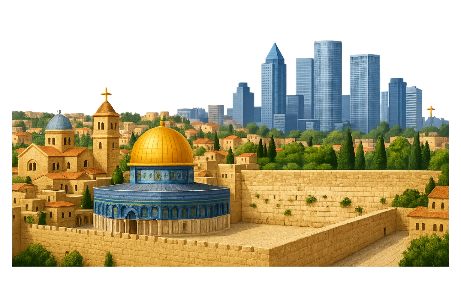 Remove the sky from the Jerusalem and Tel Aviv emoji, keeping everything else exactly the same: wide city view with Dome of the Rock, Western Wall, Church of the Holy Sepulchre, Tel Aviv skyline with Azrieli Center, lifelike detail, accurate colors, bright daytime lighting, fully transparent background, no clouds. Do not change anything else. sticker