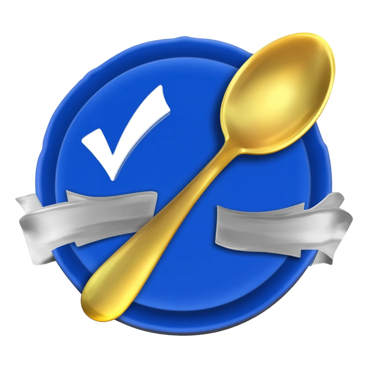 Create a small emoji of a Blue verification badge with ribbons, gold spoon centered on badge sticker