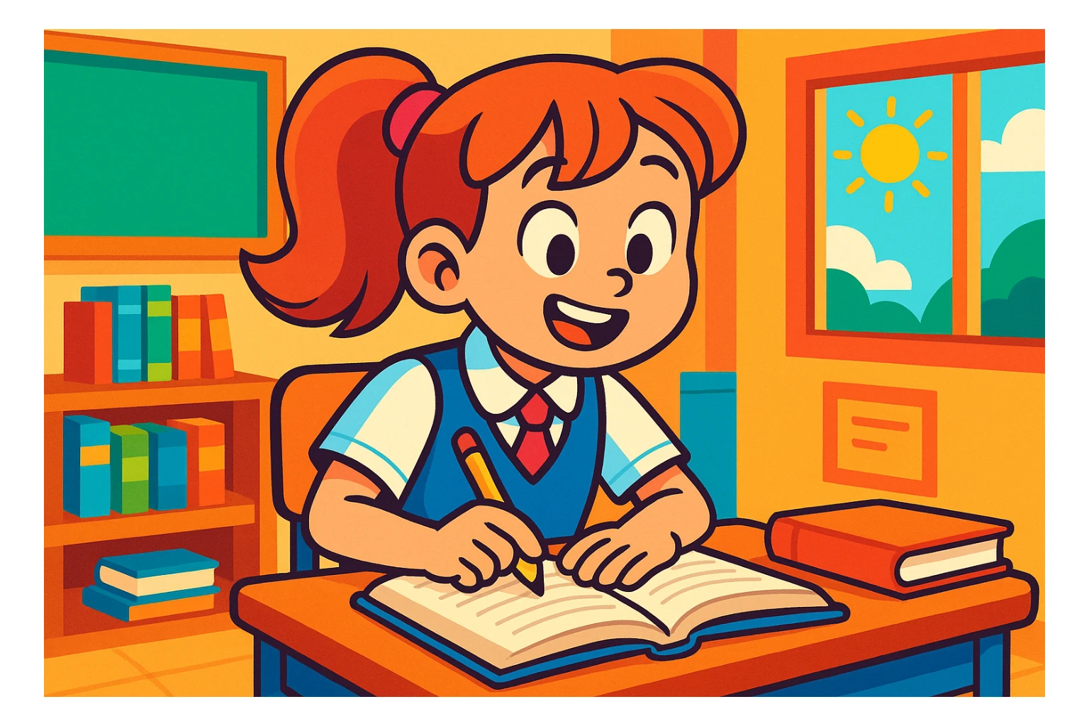 school girl in uniform studying, vibrant classroom background, expressive, modern cartoon style sticker