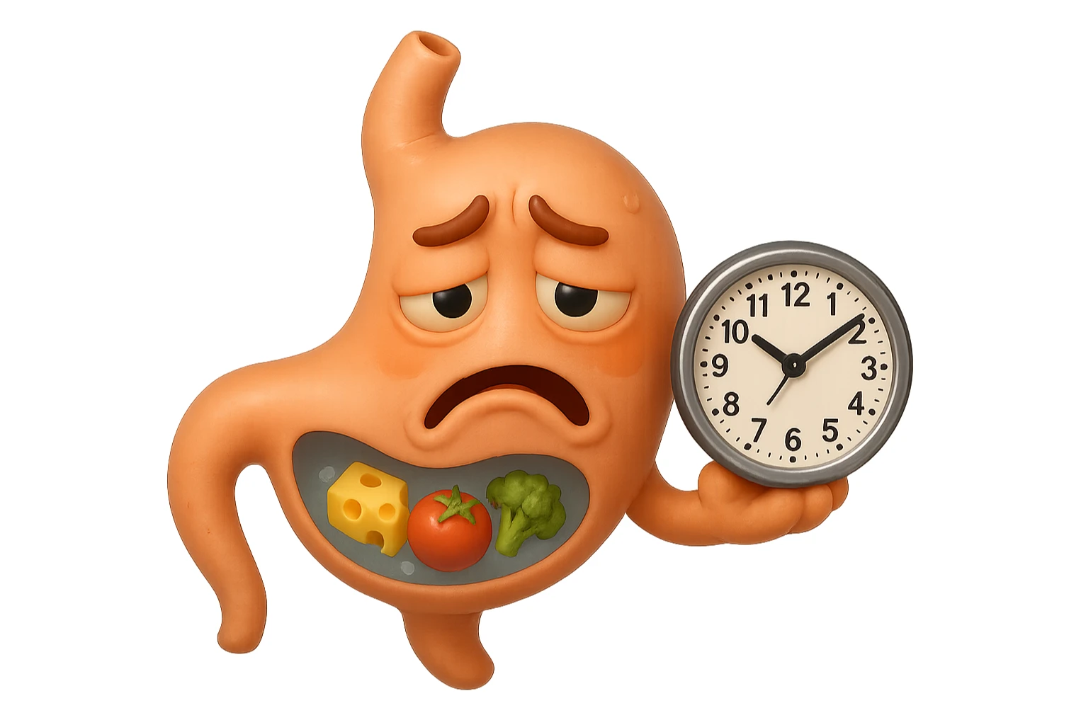 EMOJI STILE IPHONE 3D DI UNo stomaco umano con espressione dolornate, ha del cibo visibile dentro che non sta digerendo. in mano tiene un orologio da muro, iperrealistico 4k sticker