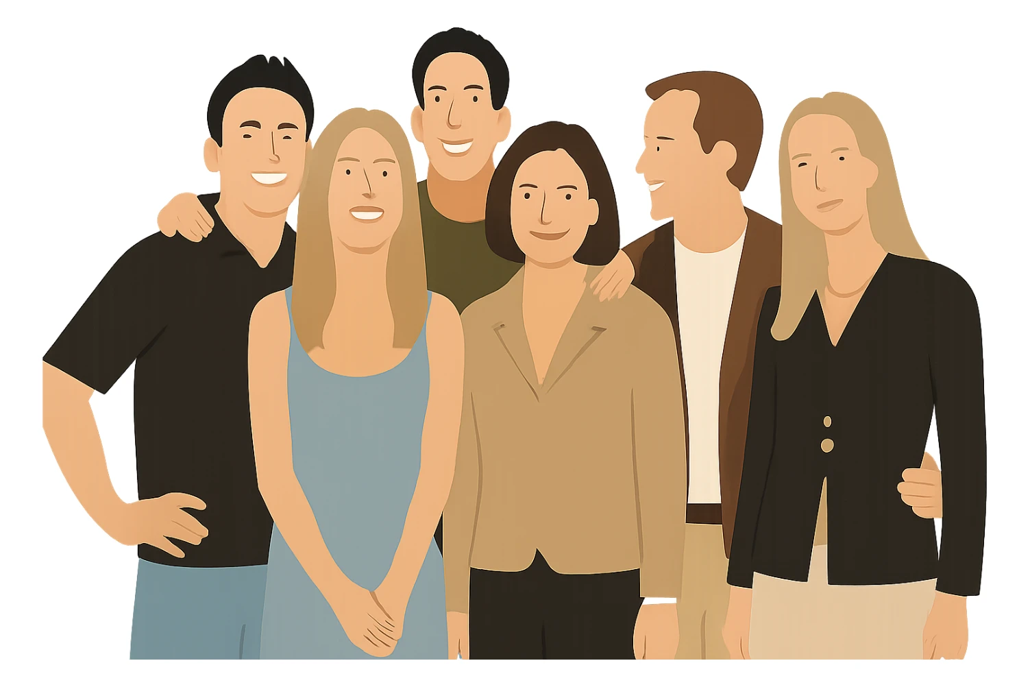 Transform only the clothing of the people in the image into minimalist and contemporary vector versions. Keep the general type and shape of each piece, but use simple, smooth, and stylized shapes without seams, folds, textures, highlights, or shadows. Use flat solid color blocks with soft earthy tones (light blue, olive green, beige, brown, white, black). Simplify patterns into flat shapes. Structured clothes have straight cuts; loose clothes have rounded lines. Preserve the original body, face, and poses, changing only the visual style of the clothes to a clean, youthful, and elegant aesthetic without gradients. sticker