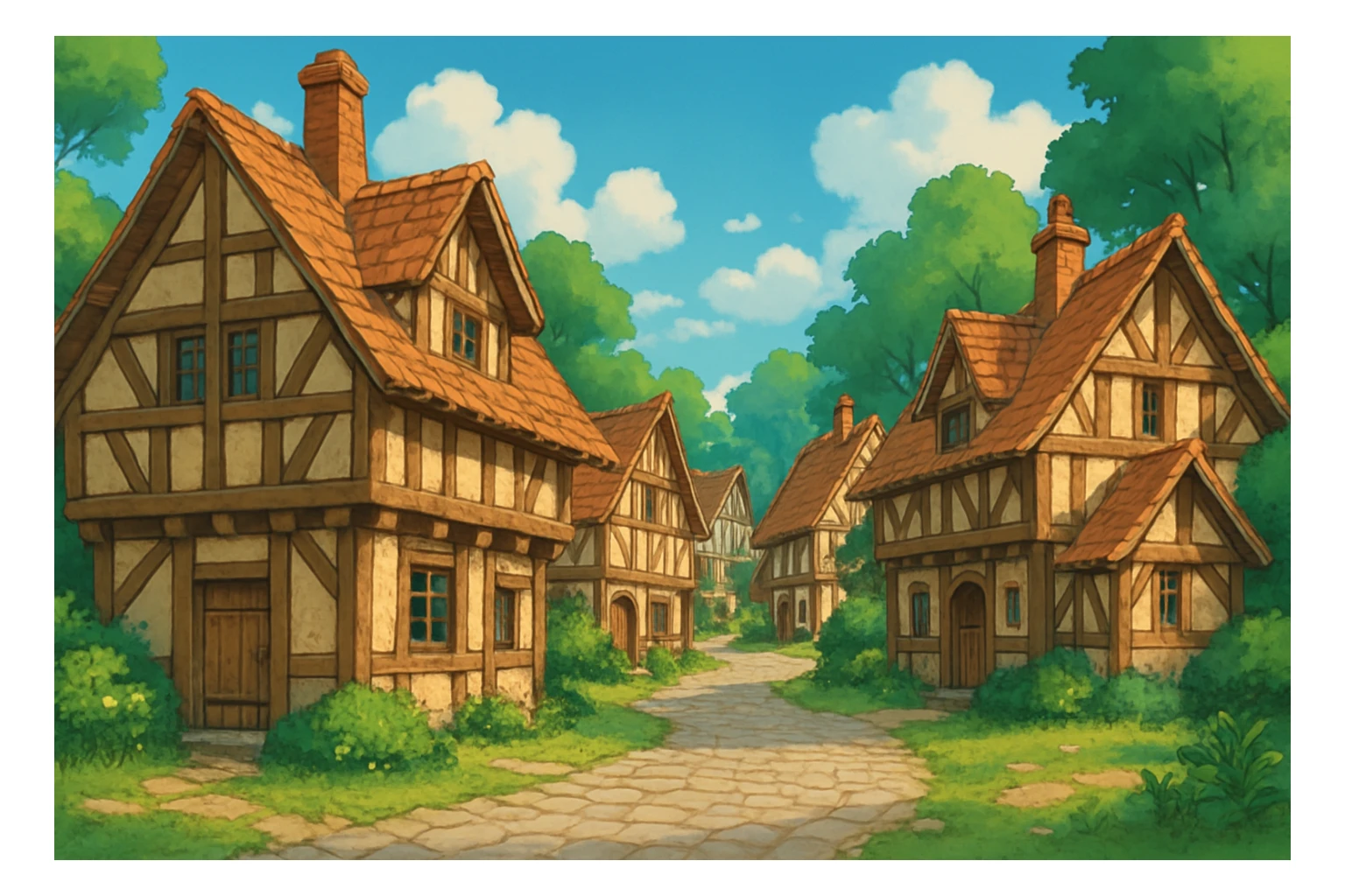 a medieval village with timber houses, ghibli style sticker