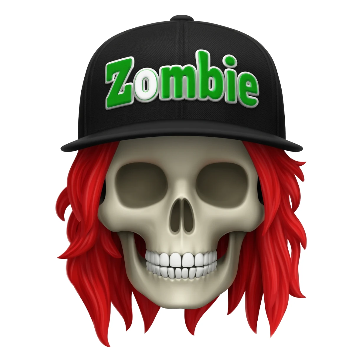 Create a skeleton head wearing a black baseball cap that says " Zombie " in Green, and white lettering, with long red hair sticker