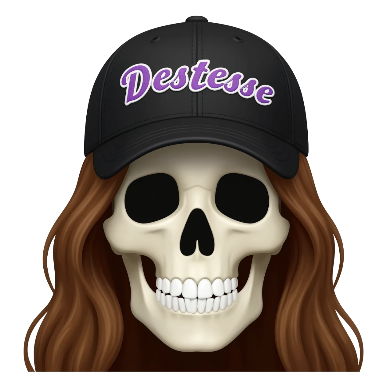 Create a skeleton head wearing a black baseball cap that says "Destinee" in lavender, and white lettering, with long brown hair sticker