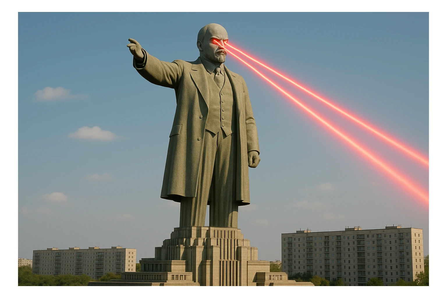 Дворец Советов, основной упор на 100-метровую фигуру Ленина, у которой из глаз вылетают 2 луча прожектора красного цвета.

На фоне можно поставить обычные пятиэтажки-панельки, которые в 20 раз меньше Дворца Советов

Стиль фото реализм, обычный солнечный день  sticker