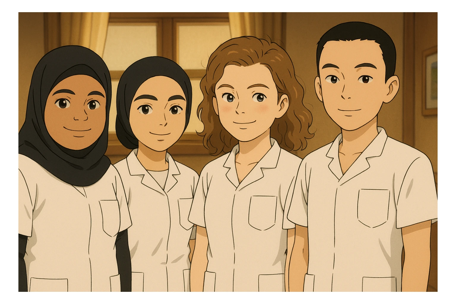 Four nursing students standing side by side indoors, each wearing a white short-sleeved uniform with a V-neck medical tunic, left chest pocket, no collar stand, no stethoscope, nothing protruding from the short sleeves, friendly ambiance, no feet visible, in Ghibli style. sticker