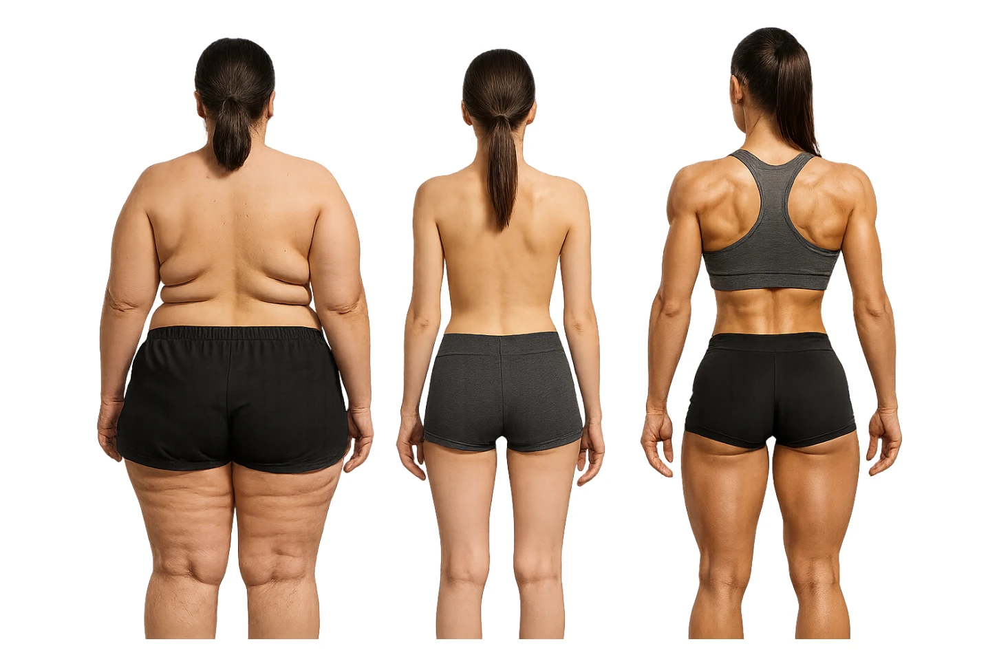 fai una donna di spalle in gym shorts leggermente sovrappeso e con cellulite e accanto una seconda donna di spalle magra (che è dimagrita post dieta) e accanto una terza donna in forma allenata e con le giuste proporzioni, l'immagine deve rappresentare il processo: da donna grassa, a donna piatta e magra, a donna allenata e in forma con i giusti muscoli, iperrealistico 4k sticker