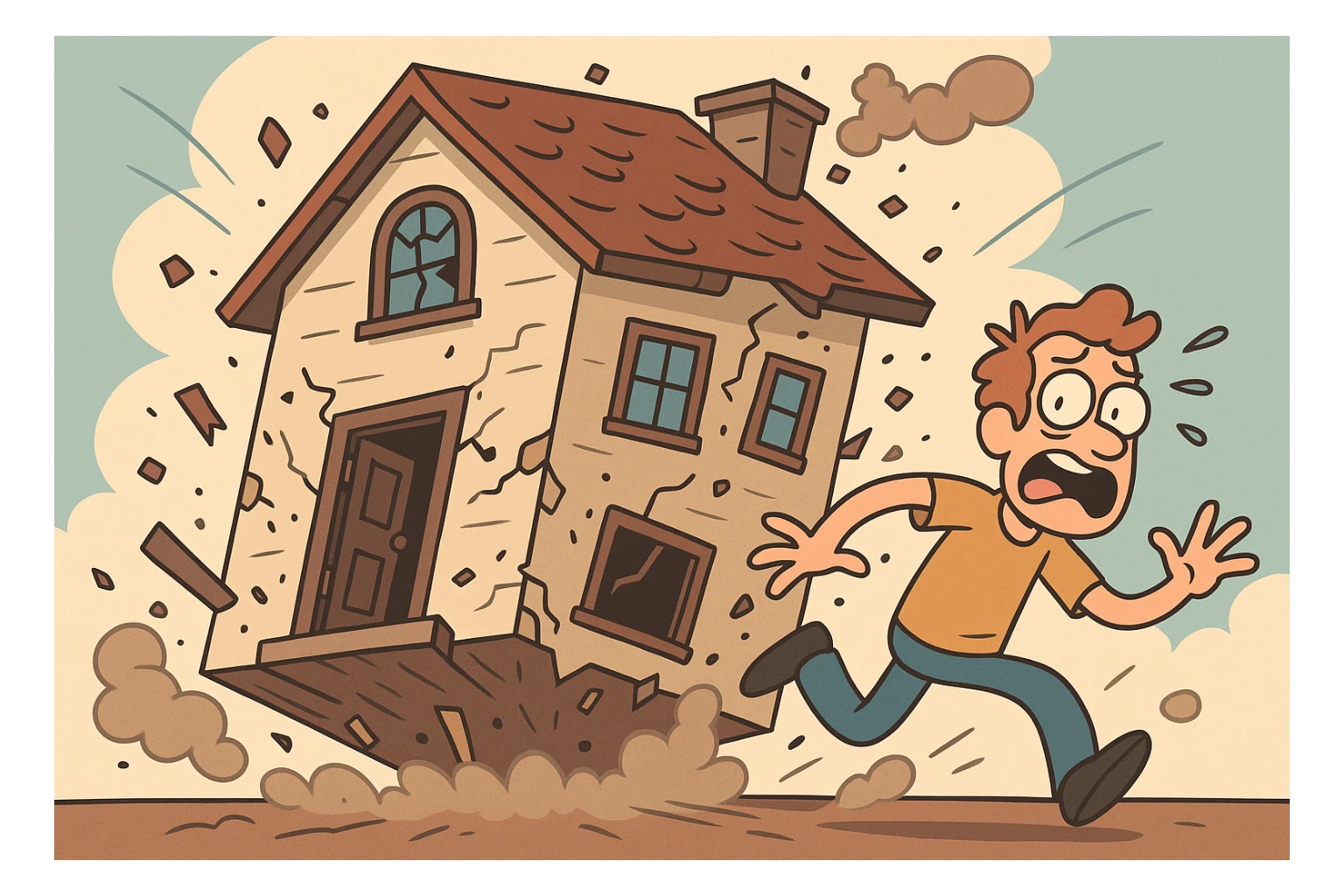 a house crashing down, cartoon style, dynamic, colorful, expressive sticker