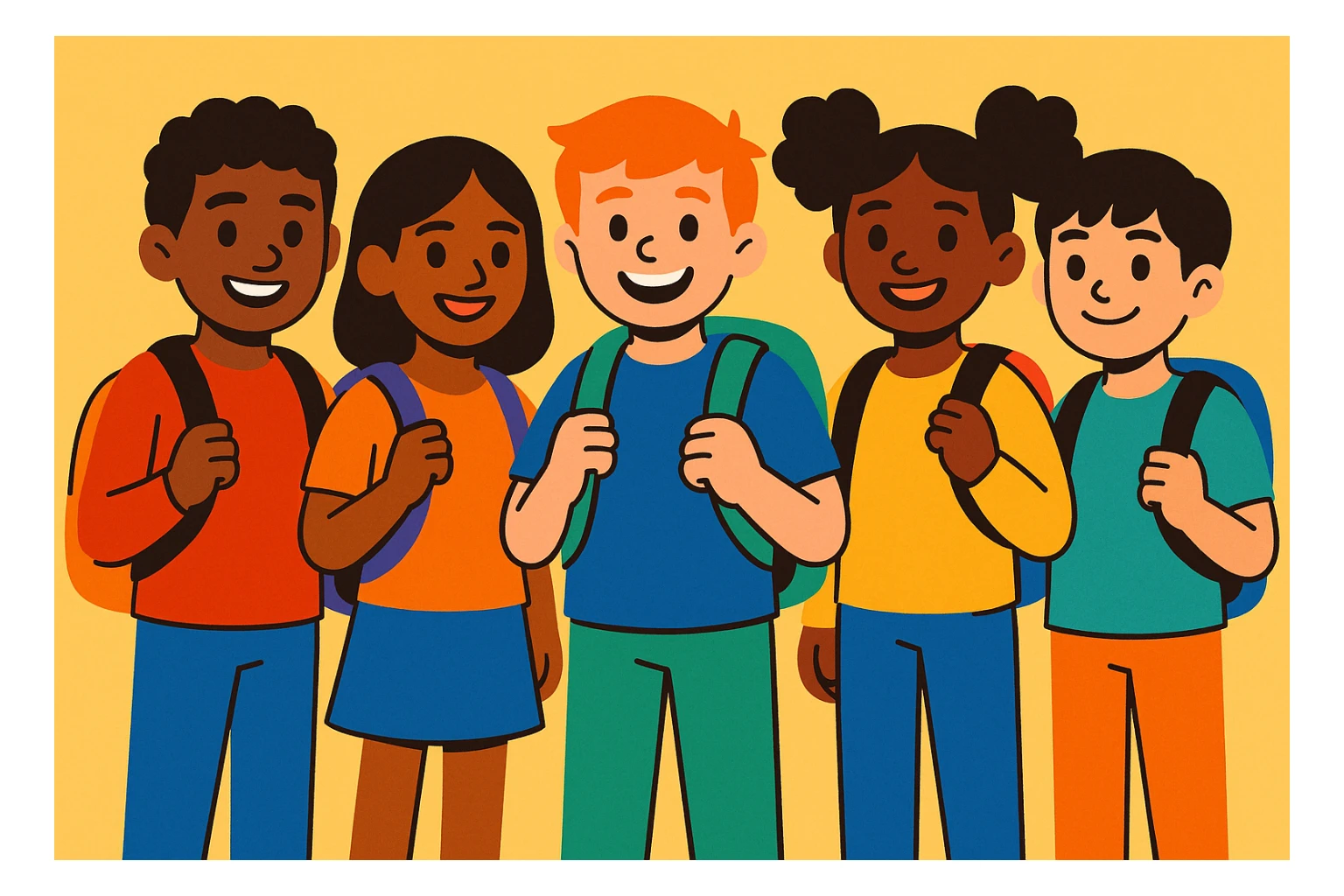 group of 5 diverse school students standing together smiling wearing backpacks vibrant toon style sticker
