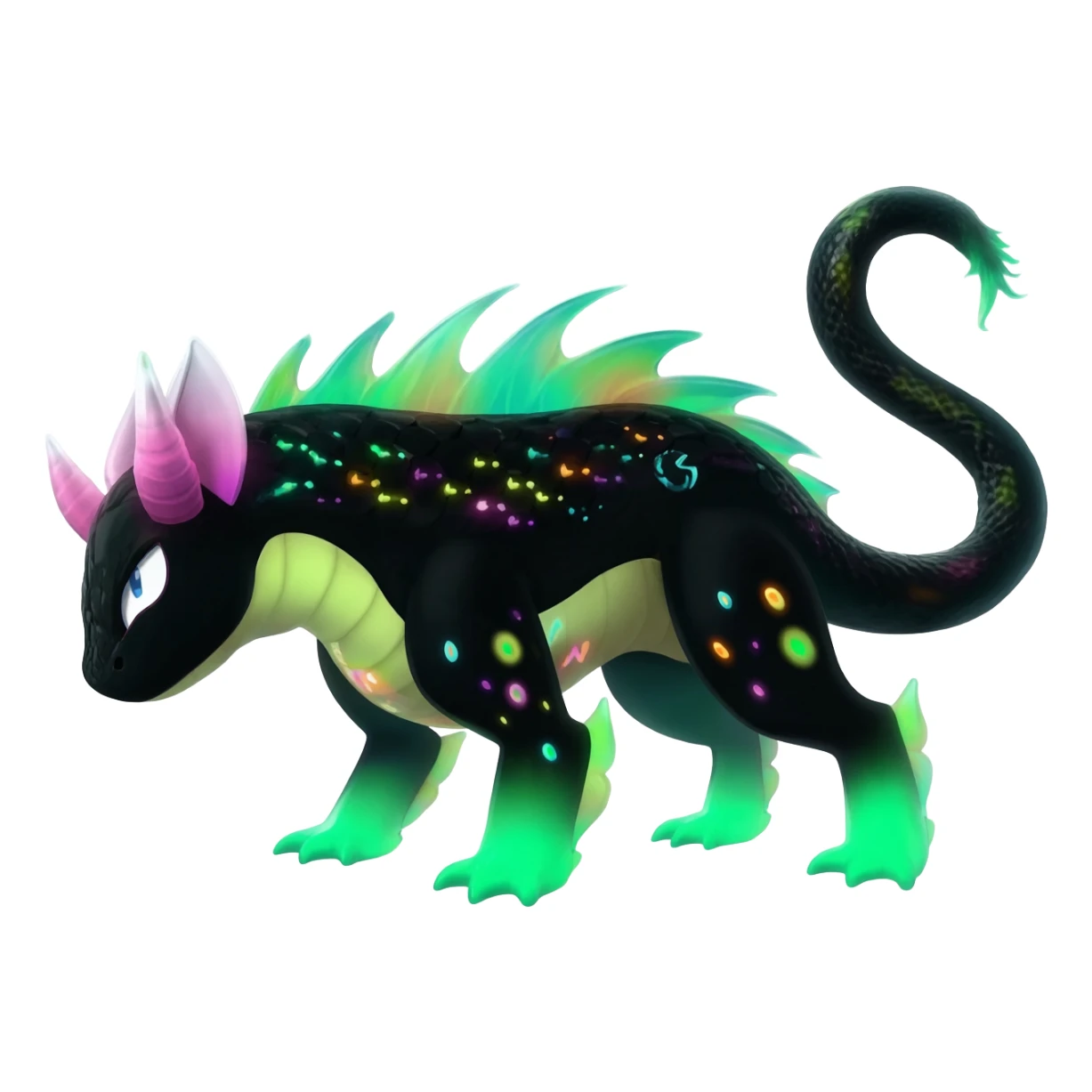 Rare realistic black-scaled neon-glowing bioluminescent edgy badass epic pretty beautiful handsome gorgeous aesthetic colorful vibrant Vernid-Trico-species-Fakemon-creature by LiLaiRa, 4 legs, 1 tail, random markings, (full body) sticker