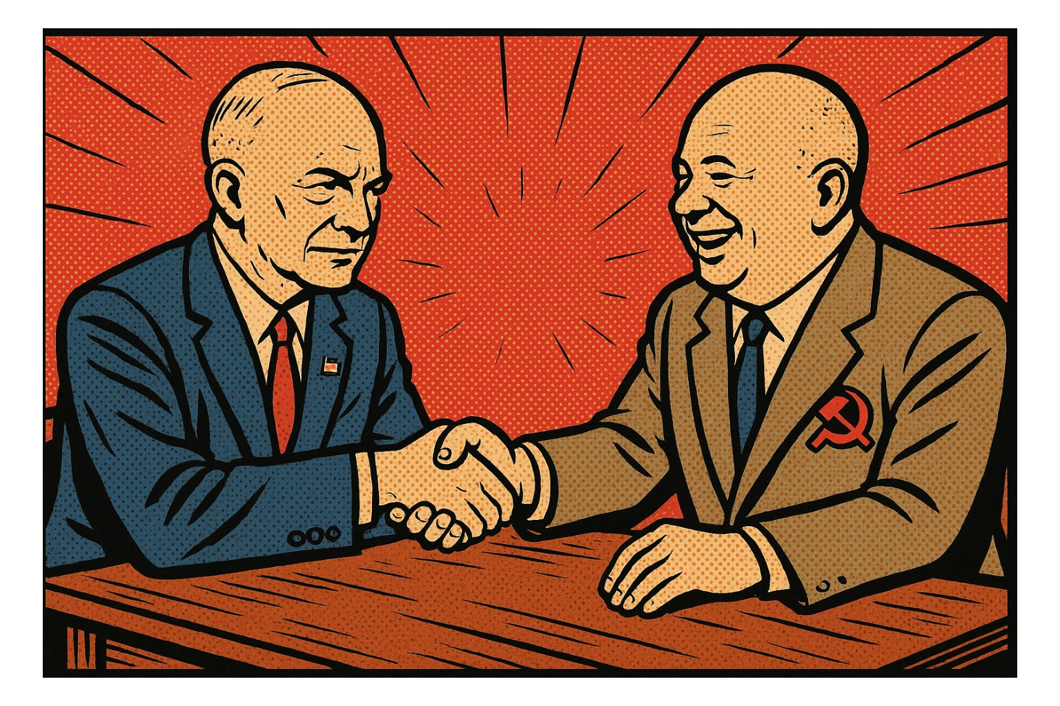 US President Eisenhower wearing a suit with a US badge on the chest shaking hands with Soviet leader Khrushchev wearing a communist party badge and smiling. They are sitting around a negotiating table. sticker