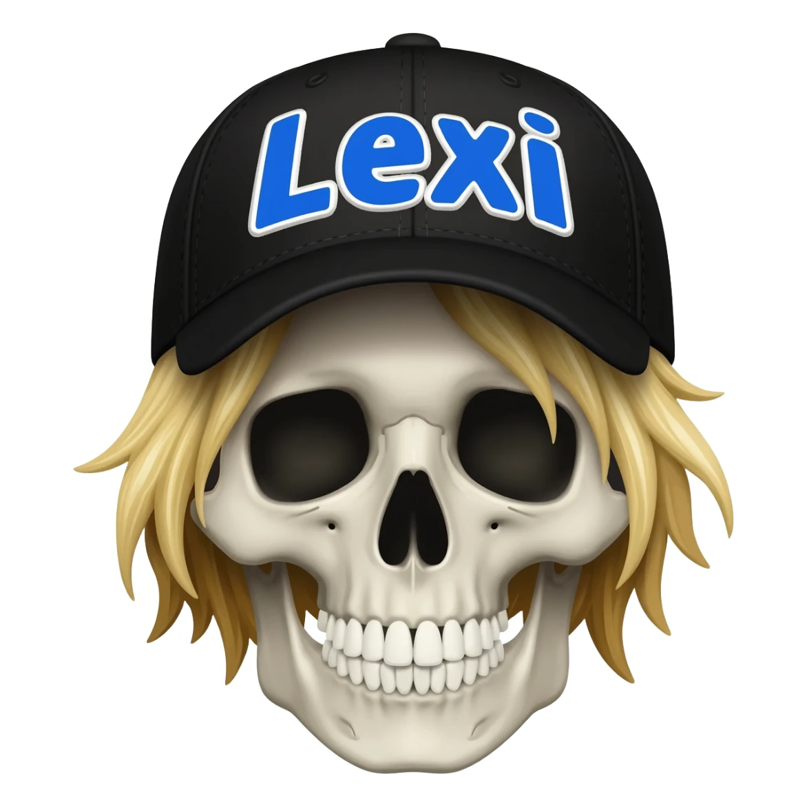 Create a skeleton head wearing a black baseball cap that says " Lexi " in blue, and white lettering, with dirty blonde hair sticker