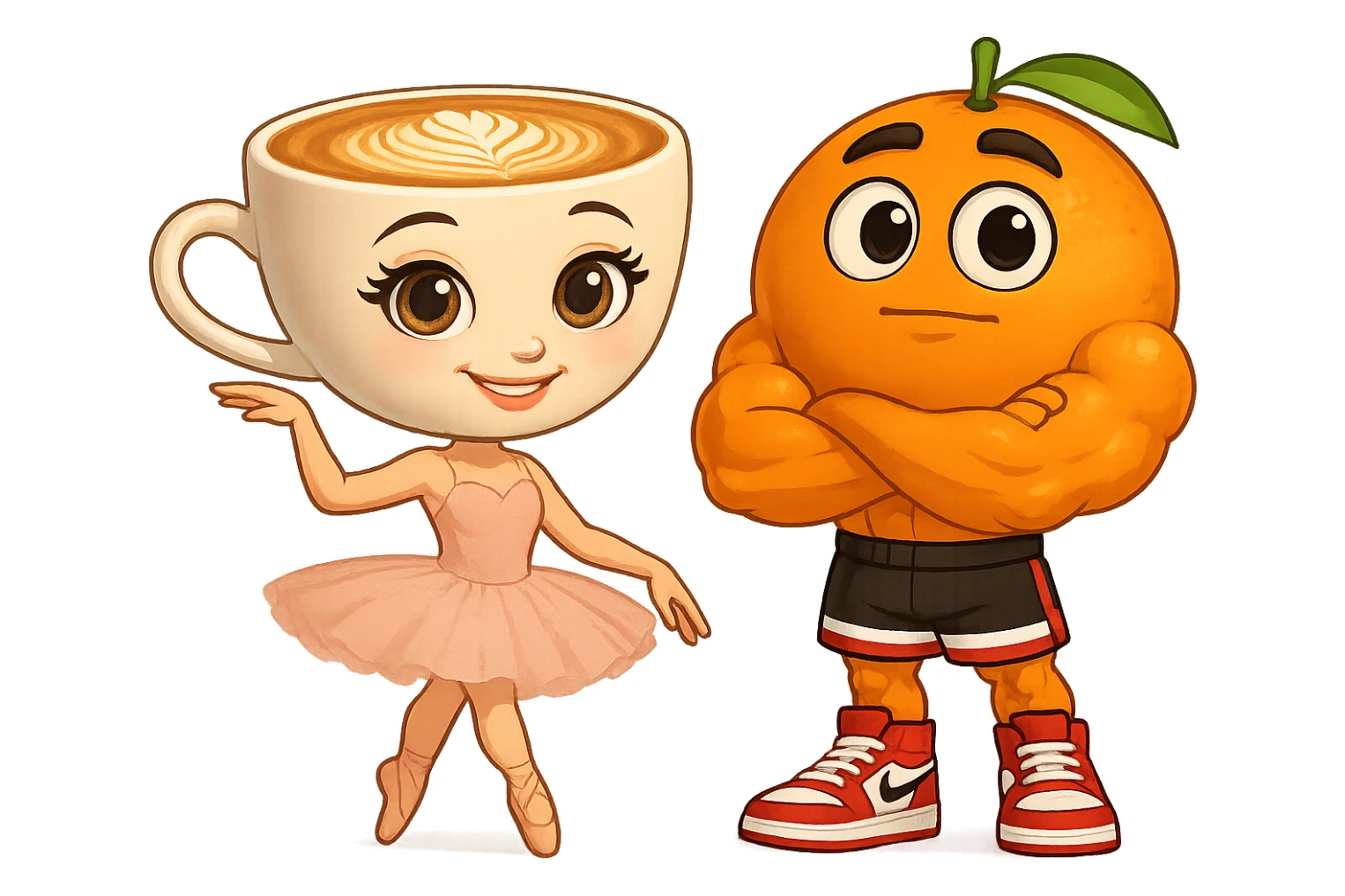 Combine these two cartoon characters as a couple, standing side by side, both standing still and facing forward, matching their style, with a transparent background. The style should harmonize both characters' cartoon appearances. sticker