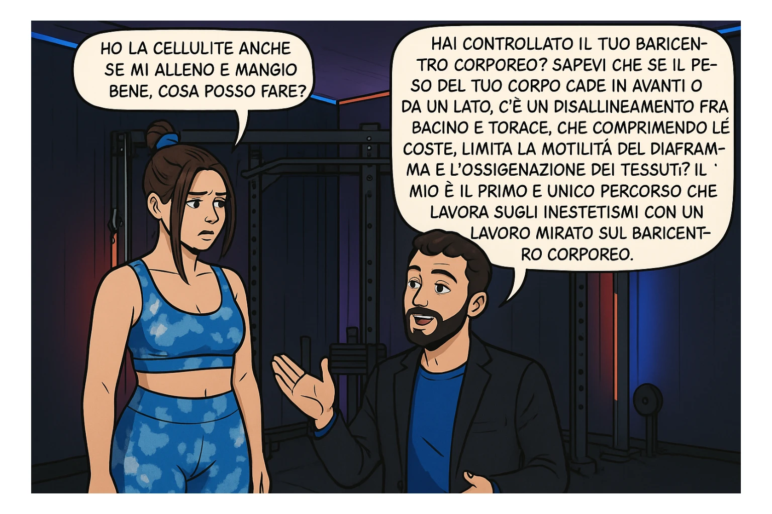 TRASFORMA QUESTO CAROSELLO IN UN FUMETTO CON QUESTE DUE PERSONE IDENTICHE CHE INTERLOQUISCONO TRA LORO:

LEI: Ho la cellulite anche se mi alleno e mangio bene, cosa posso fare?

LUI: Hai controllato il tuo baricentro corporeo?
Sapevi che se il peso del tuo corpo cade in avanti o da un lato, c’è un disallineamento fra bacino e torace, che comprimendo le coste, limita la motilità del diaframma e l’ossigenazione dei tessuti?
Il mio è il primo e unico percorso che lavora sugli inestetismi con un lavoro mirato sul baricentro corporeo. sticker