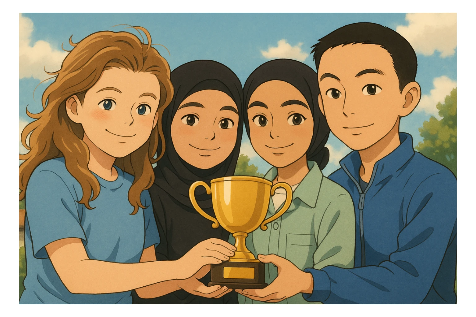 Four characters inspired by the reference photos, in Ghibli style, smiling, holding a trophy together, warm and friendly atmosphere. Generate the third variation. sticker