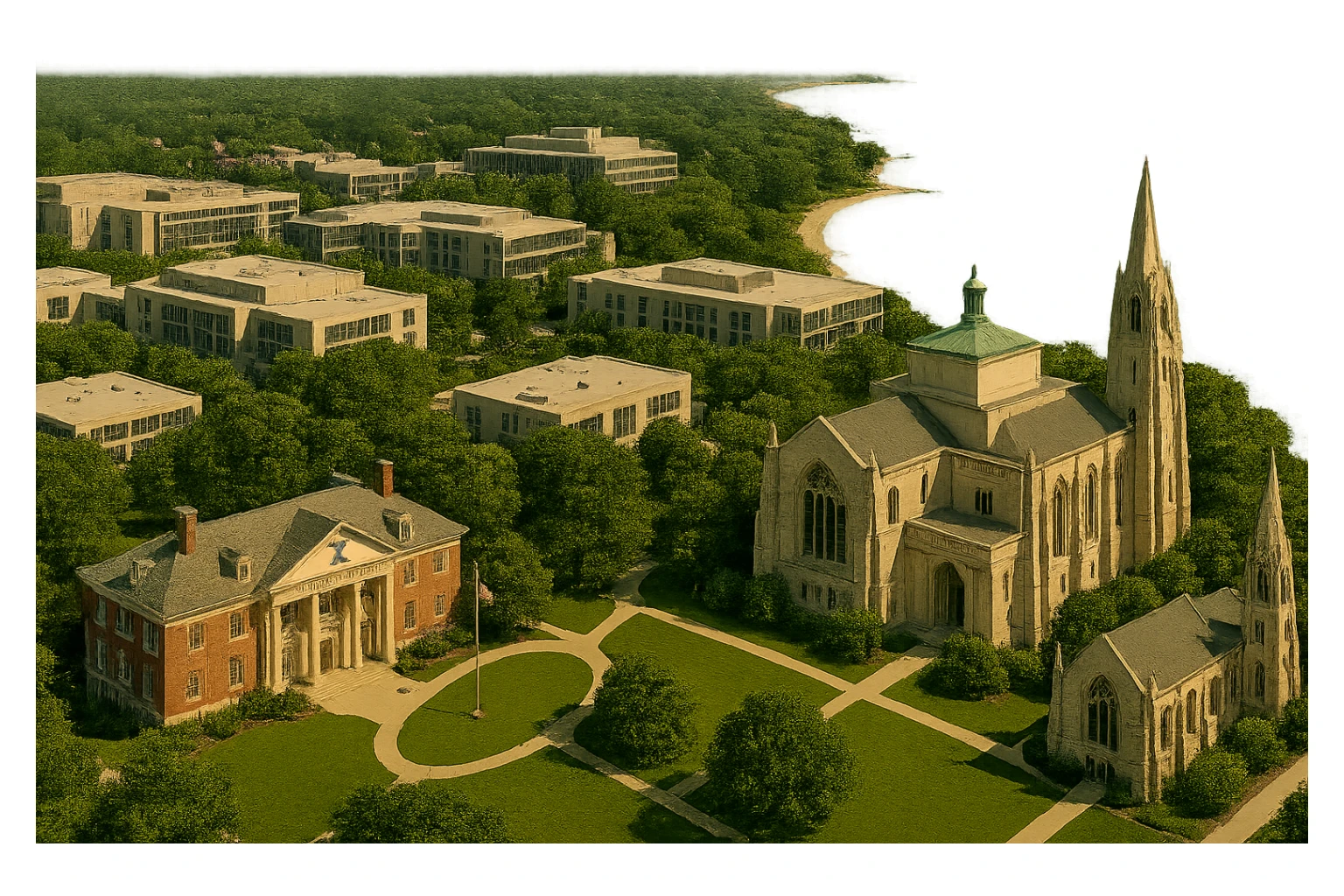 Add the Sigma Chi International Fraternity Headquarters and the Levere Memorial Chapel (Sigma Alpha Epsilon HQ) as visible, recognizable landmarks to this Evanston cityscape. Keep the Northwestern University campus and Lake Michigan shoreline clearly visible and intact. Do not include downtown Evanston. All four features must be present and recognizable. Render in a cinematic, realistic style with a transparent background. sticker