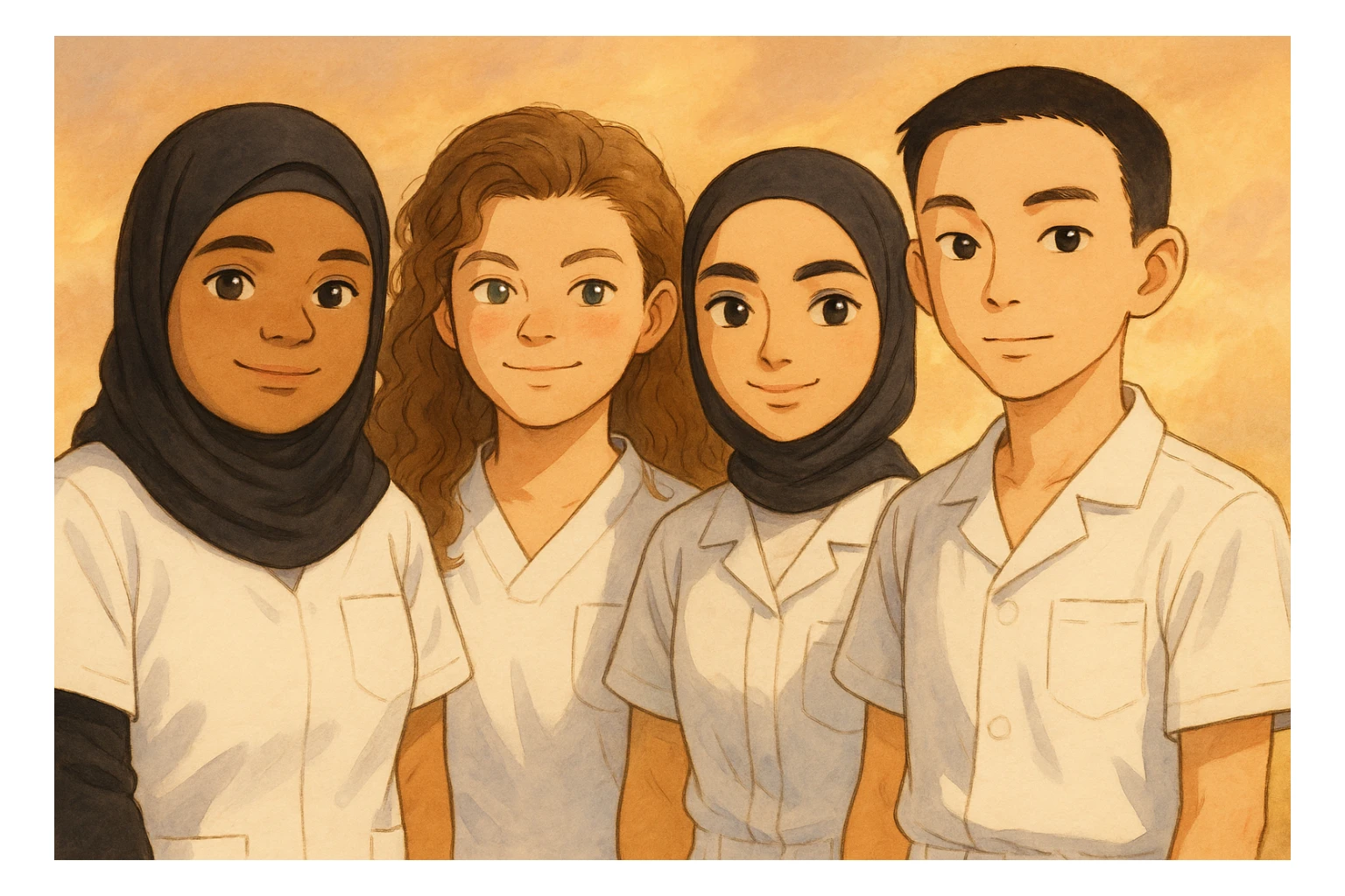 Four nursing students standing side by side in a warm atmosphere, Ghibli style. They wear white short-sleeved uniforms with medical tunic tops featuring V-neck collars and left chest pockets. No undershirts or stethoscopes. Faces and attitudes inspired by the four provided photos, version 4. sticker