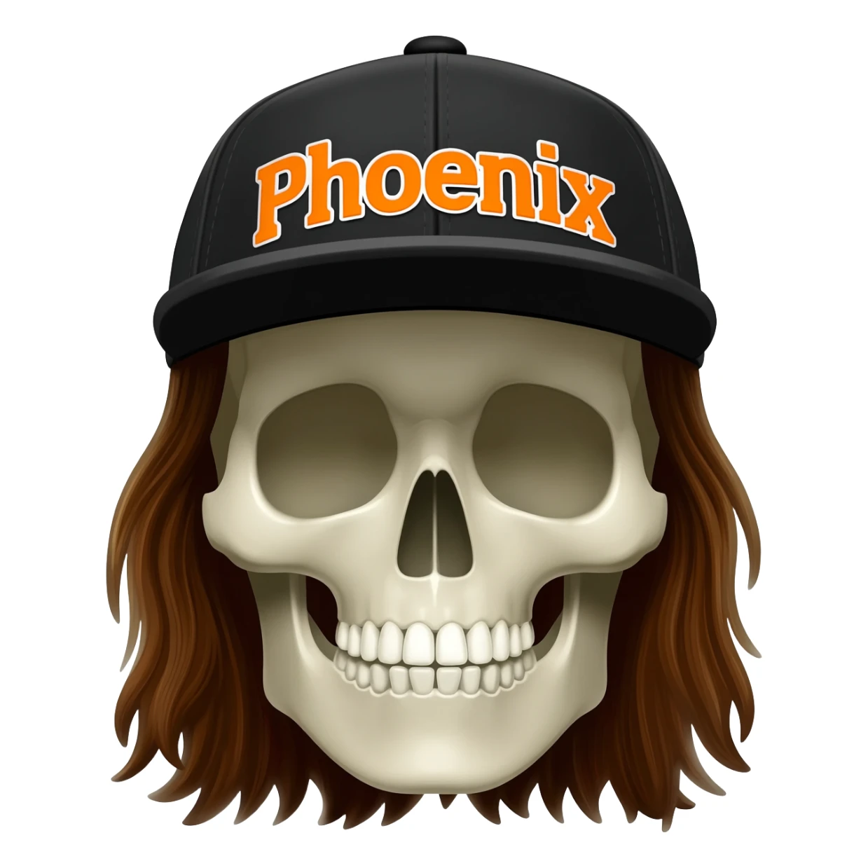 Create a skeleton head wearing a black baseball cap that says " Phoenix " in orange, and white lettering, with long brown hair sticker