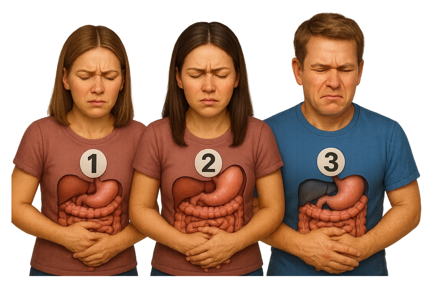 emoji stile iphone di 3 persone, due donne e un uomo, con intestino realistico e mal di pancia, sulle donne ci sono i numeri 1, 2 e sull'uomo il 3, iperrealistico 4k sticker