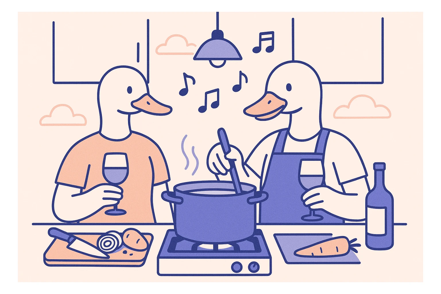 two ducks cooking dinner together in a kitchen, drinking wine and listening to music, minimalistic style, 4:3 aspect ratio sticker