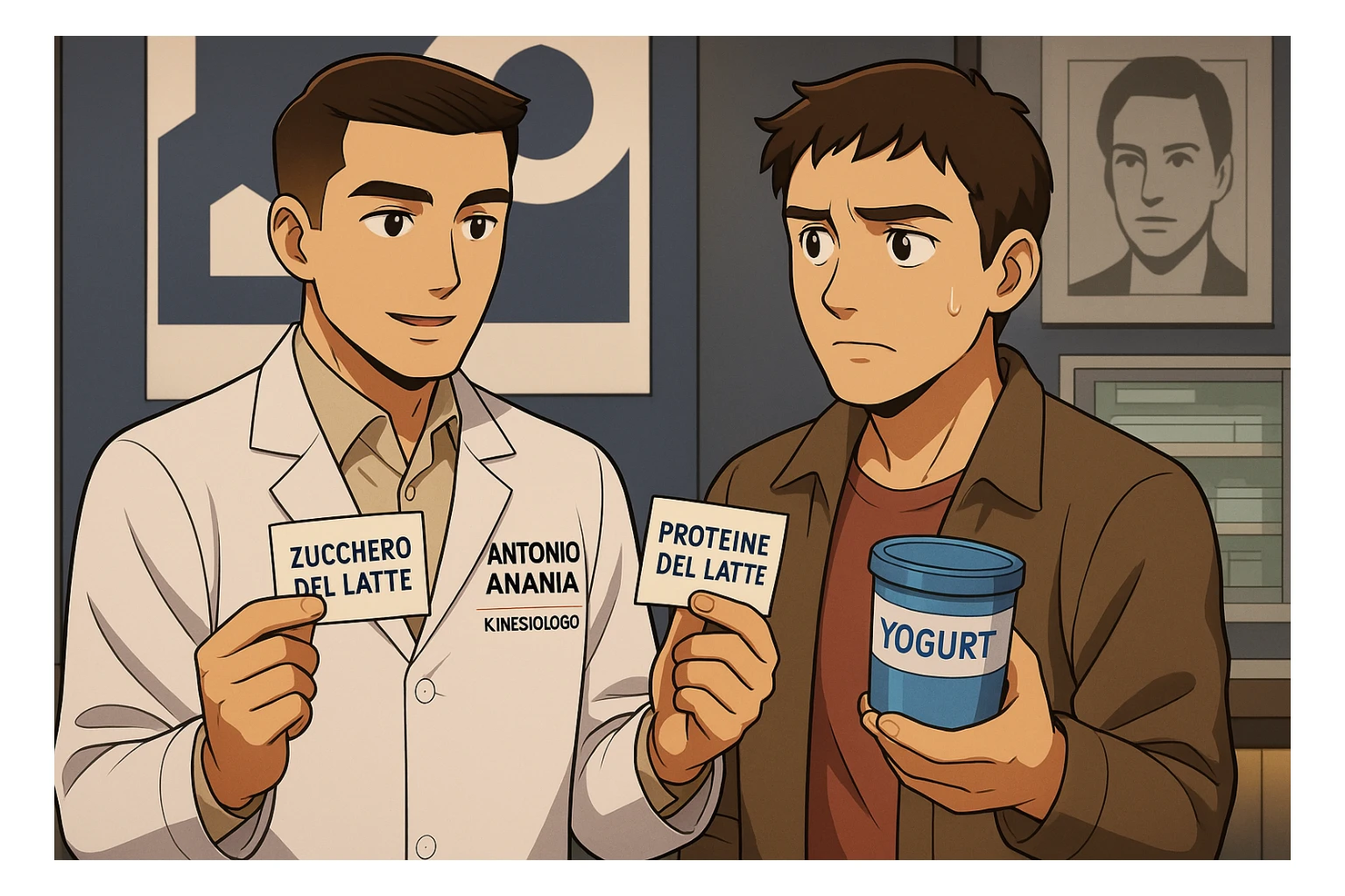 fai un webtoon manga a colori con questo stile, in cui un uomo ASCOLTA Il kinesiologo con il camice bianco (fagli anche la scritta "ANTONIO ANANIA" SUL CAMICE, IL KINESIOLOGO SPIEGA ALL'UOMO UNA COSA TENENDO DUE FOGLIETTINI IN MANO, UNO CON LA SCRITTA "ZUCCHERO DEL LATTE" E UNA CON LA SCRITTA "PROTEINE DEL LATTE". L'UOMO OSSERVA LO YOGURT CHE HA IN MANO CON ESPRESSIONE DUBBIOSA IN VOLTO. non fare i fumetti però, fai solo in modo che sembri stiano parlando sticker