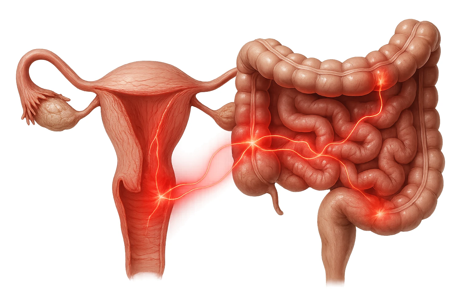 utero umano anatomico iperrealistico e intestino umano anatomico iperrealistico hanno in comune il dolore e l'infiammazione, rendi bene il collegamento tra i due organi doloranti sticker