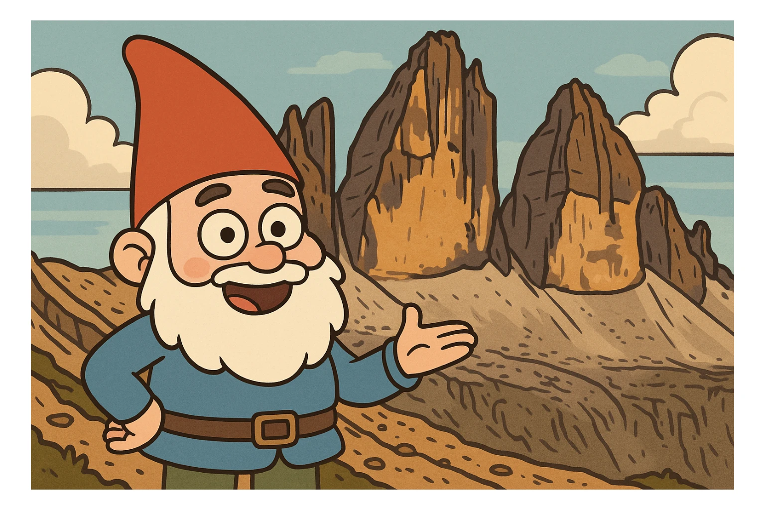 cute gnome with a red hat, posing before the dramatic Tre Cime di Lavaredo peaks in the Dolomites, cartoon style sticker