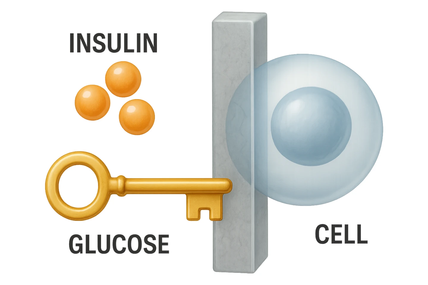 symbolic icon of insulin resistance, no background, 2:3 aspect ratio, representing insulin, glucose, and a barrier preventing entry into cells, realistic style sticker