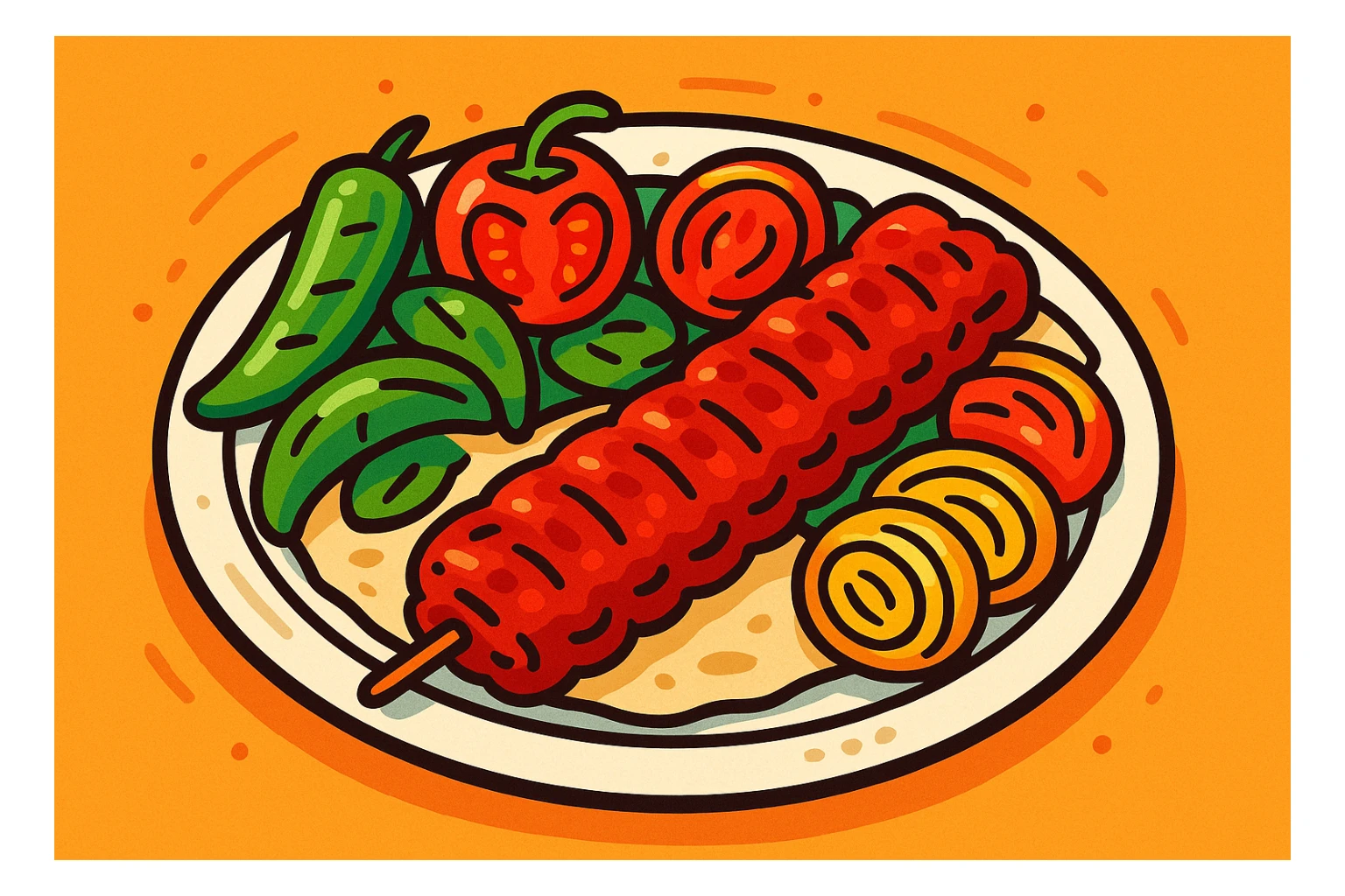 a plate of Turkish kebab with grilled vegetables, vibrant cartoon style sticker
