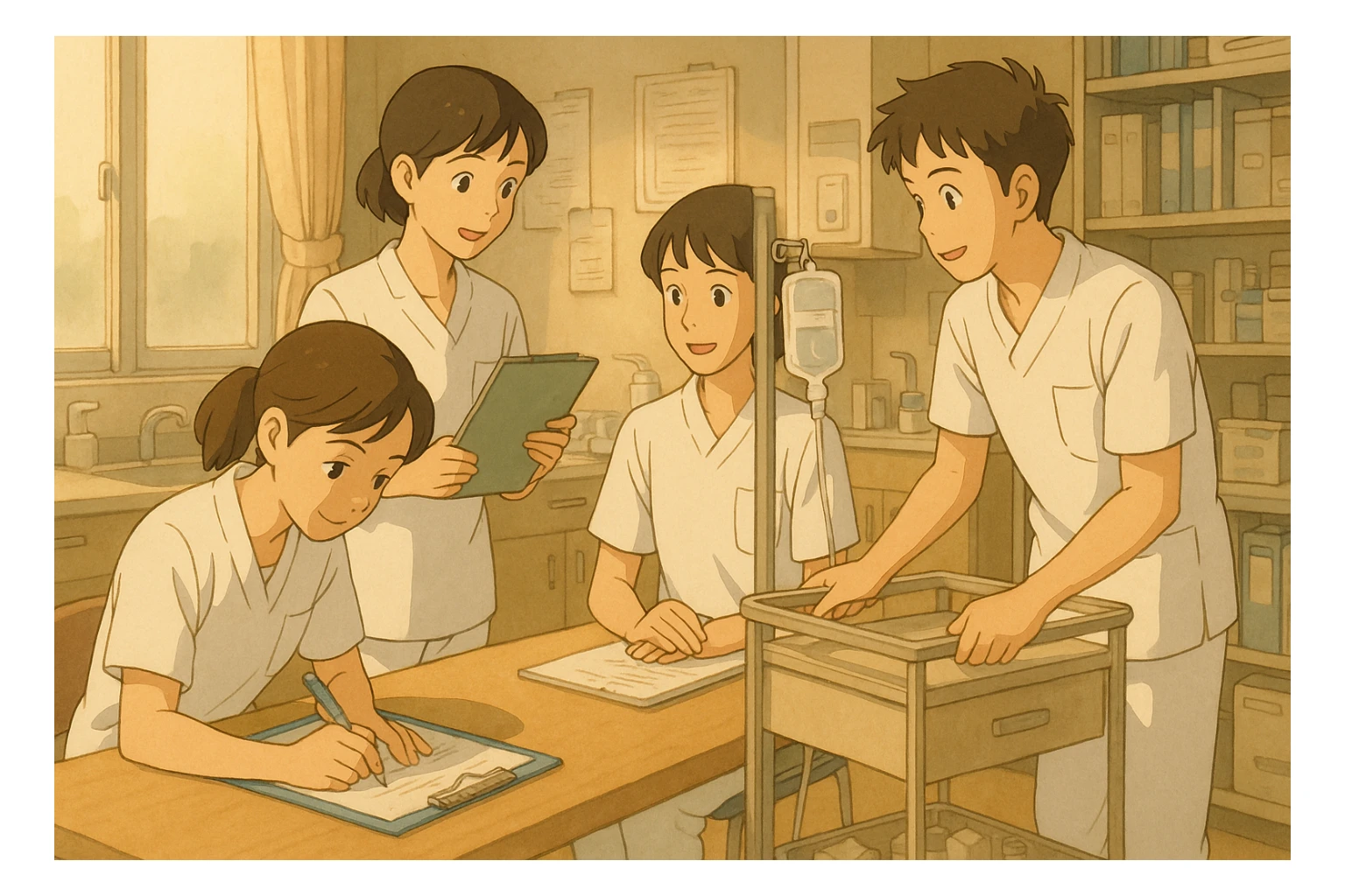Four students (inspired by photos), collaborating in a care station, Ghibli style, white short-sleeve uniforms with V-neck, left chest pocket, no collar stand, no stethoscopes, no undershirts, various working postures. sticker