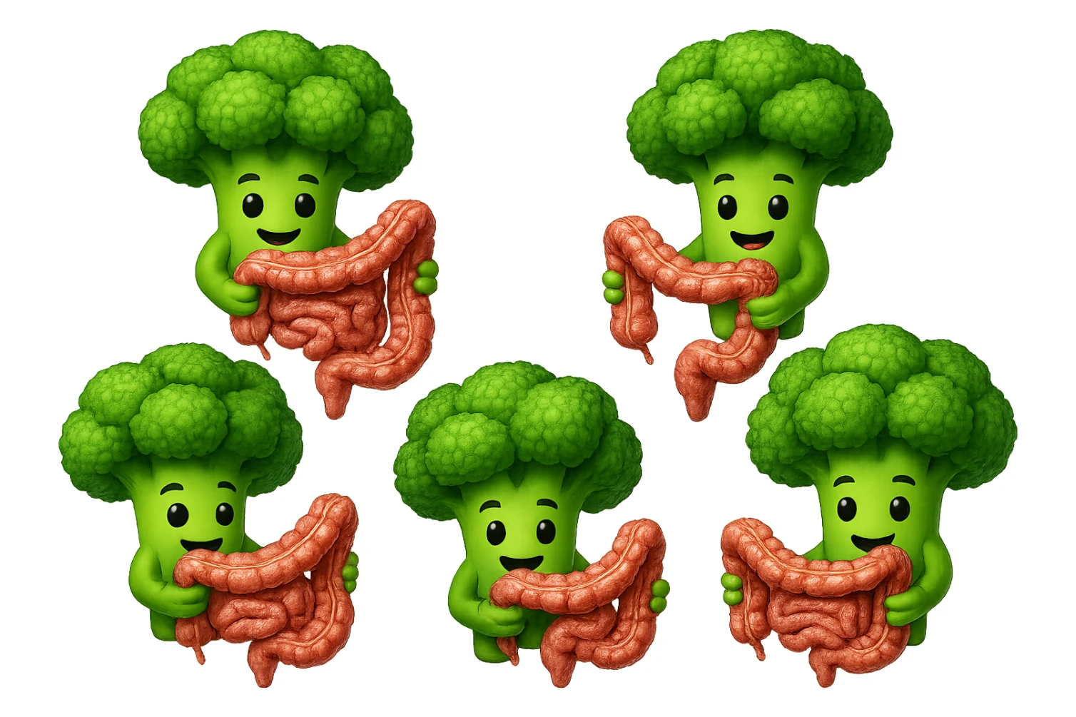 broccoletti stile emoji iphone fluttuano in aria stringendo in mano un pezzo di colon intestinale, iperrealistico 4k sticker
