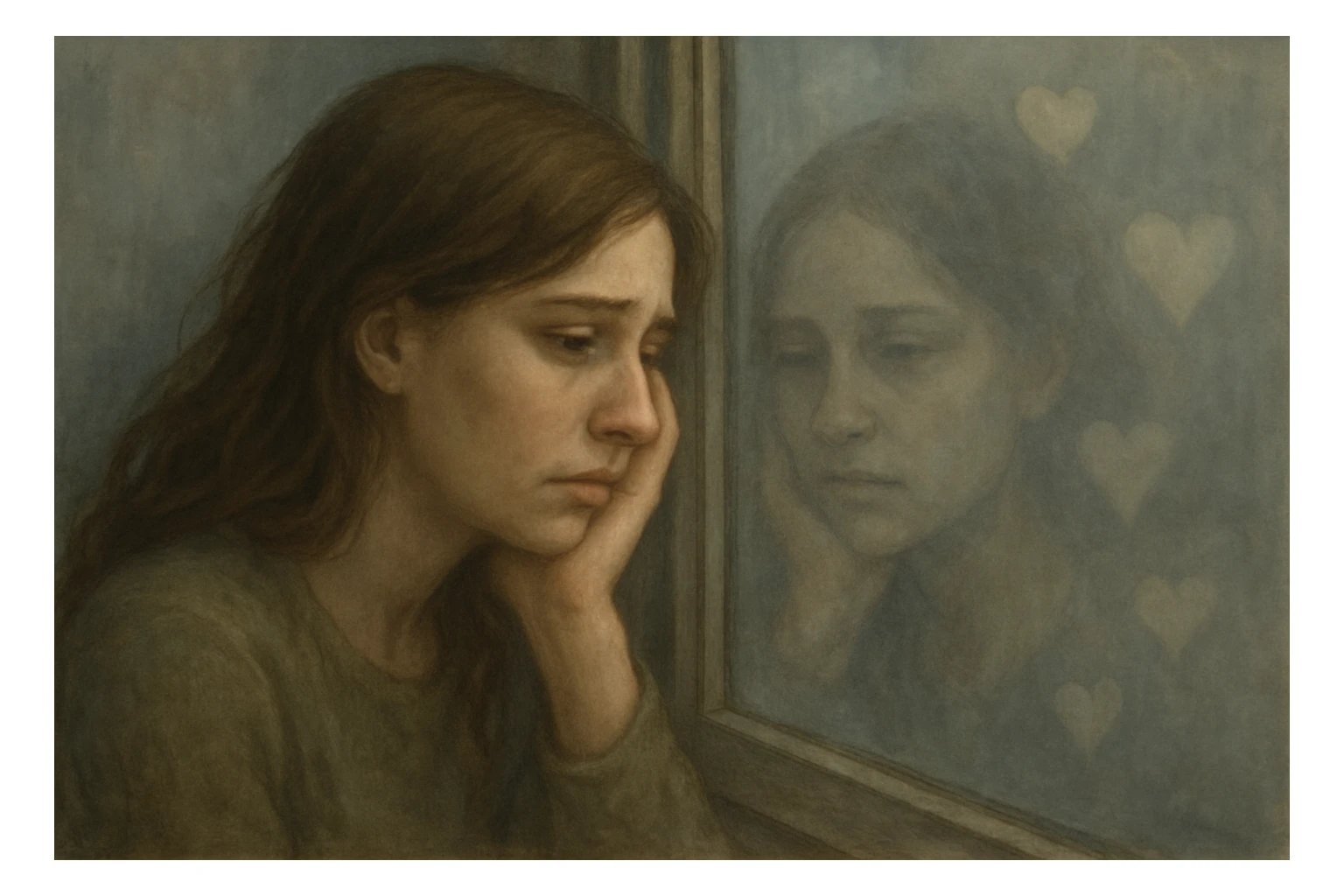 a woman looking at her reflection in a window, sighing, with hearts in the background fading away, symbolizing she can't find love sticker