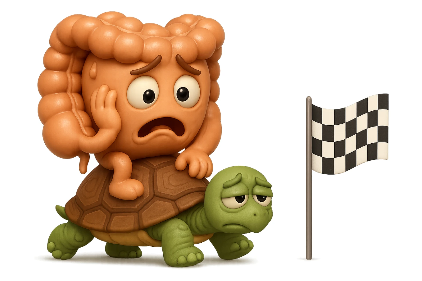  EMOJI STILE IPHONE 3D DI UN INTESTINO CON ESPRESSIONE ANGOSCIATA CHE CAMMINA SEDUTO IN GROPPA SUL GUSCIO DI UNA TARTARUGA IN ATTESA ESTENUANTE DI RAGGIUNGERE UN TRAGUARDO POCO PIù AVANTI, SULLA LORO DESTRA. IL TRAGUARDO è UNA BANDIERA A DUE PIEDI CON FASCIA A SCACCHI BIANCHI E NERI. iperrealistico 4k sticker