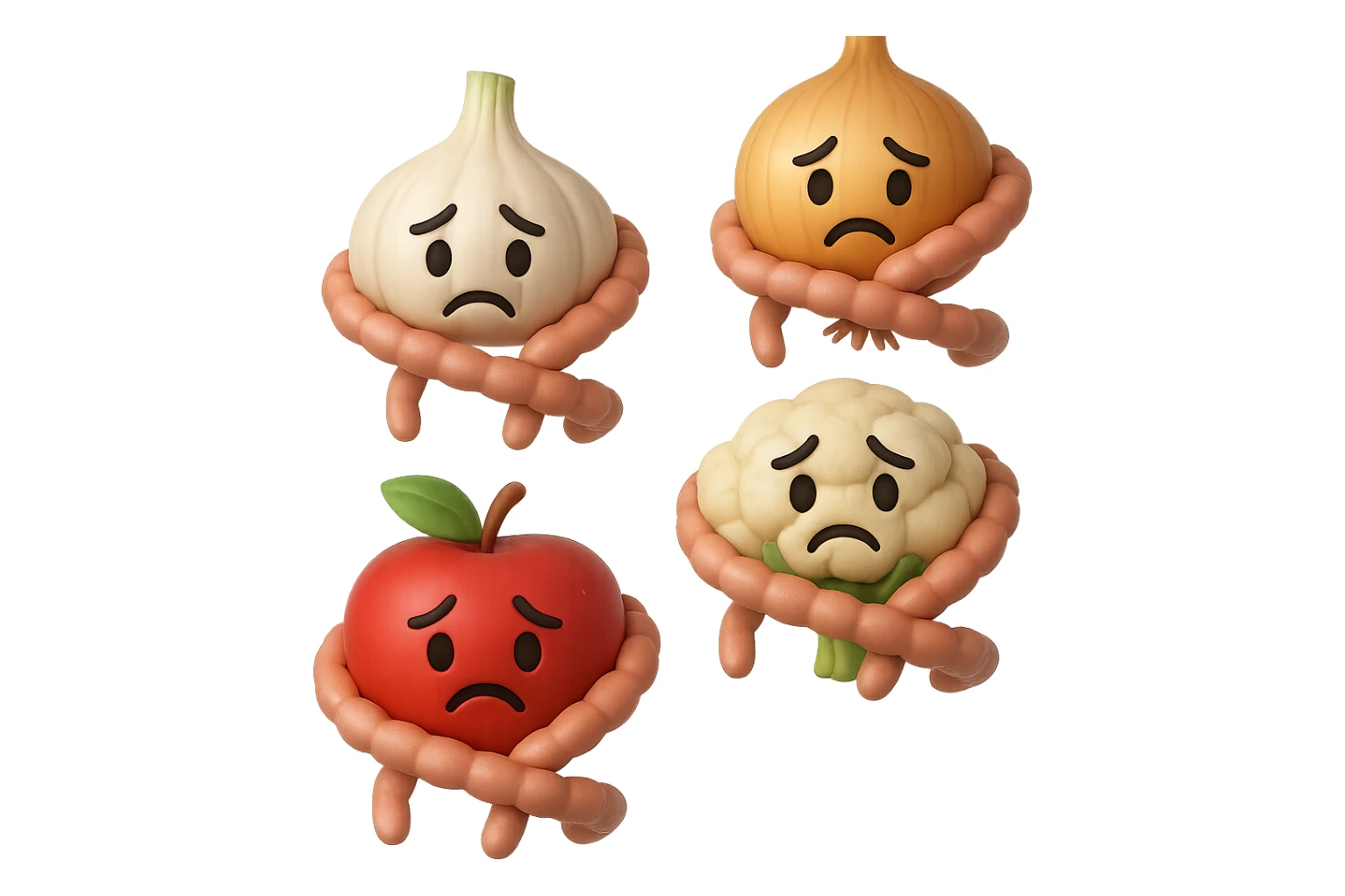 EMOJI STILE IPHONE DI aglio, cipolle, cavolfiore e mele che cadono verticalmente dall'alto con espressione triste con pezzi di colon avvolti intorno, IPERREALISTICO 4K sticker