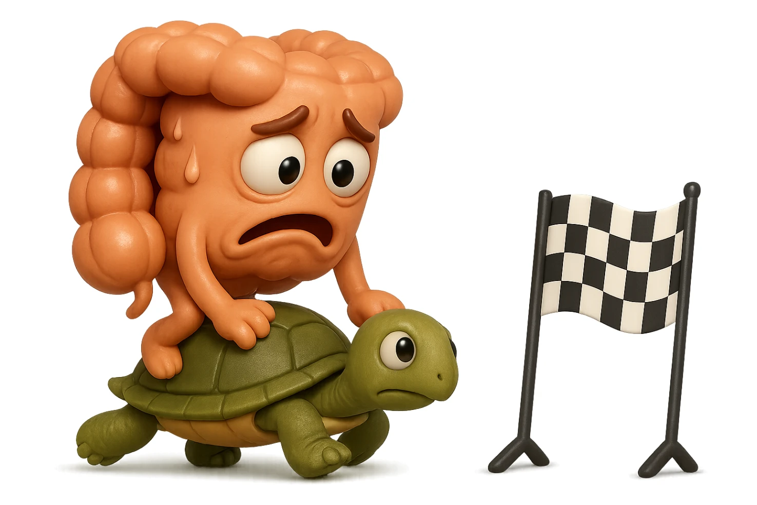  EMOJI STILE IPHONE 3D DI UN INTESTINO CON ESPRESSIONE ANGOSCIATA CHE CAMMINA SUL GUSCIO DI UNA TARTARUGA IN ATTESA ESTENUANTE DI RAGGIUNGERE UN TRAGUARDO POCO PIù AVANTI, SULLA LORO DESTRA. IL TRAGUARDO è UNA BANDIERA A DUE PIEDI CON FASCIA A SCACCHI BIANCHI E NERI. iperrealistico 4k sticker