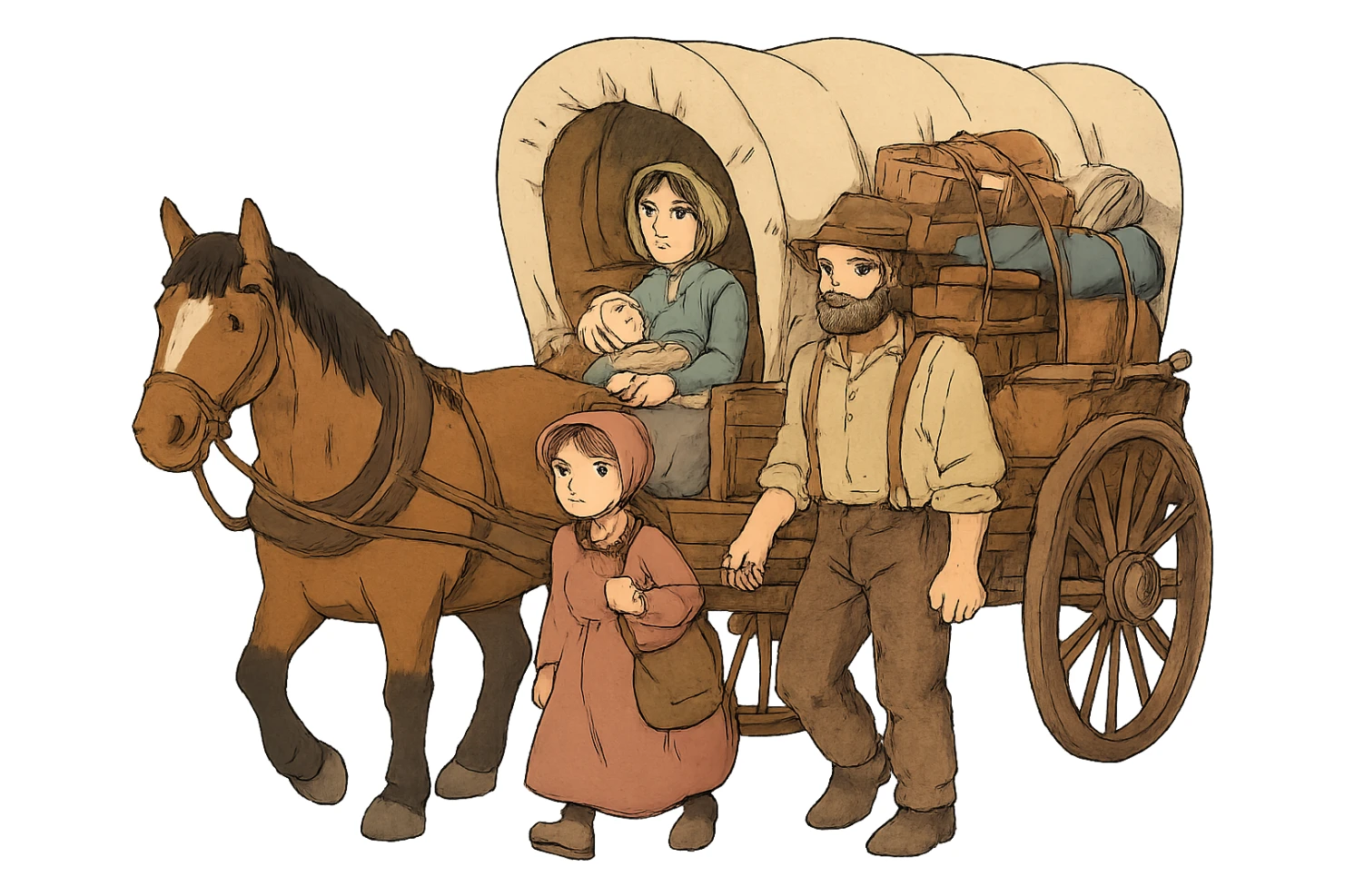 A poor American pioneer family in the 1840s setting out with a horse and wagon stuffed with their belongings to migrate to the American West. sticker