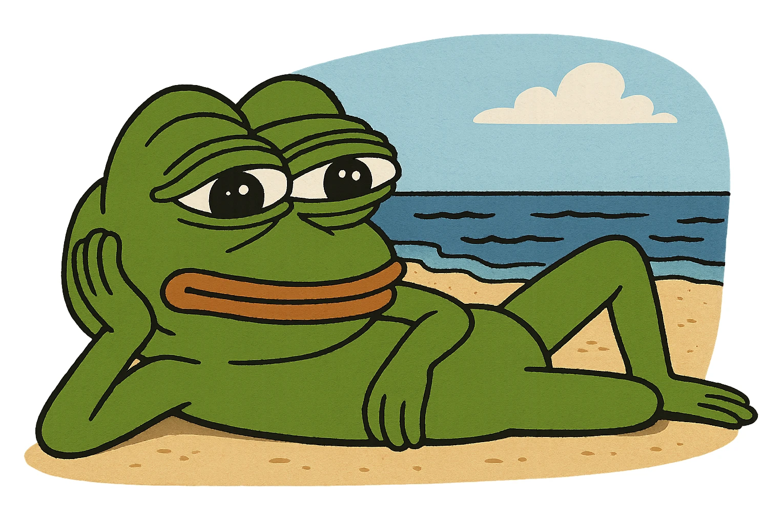 3D Pepe the Frog lying down near the beach, transparent background, PNG sticker